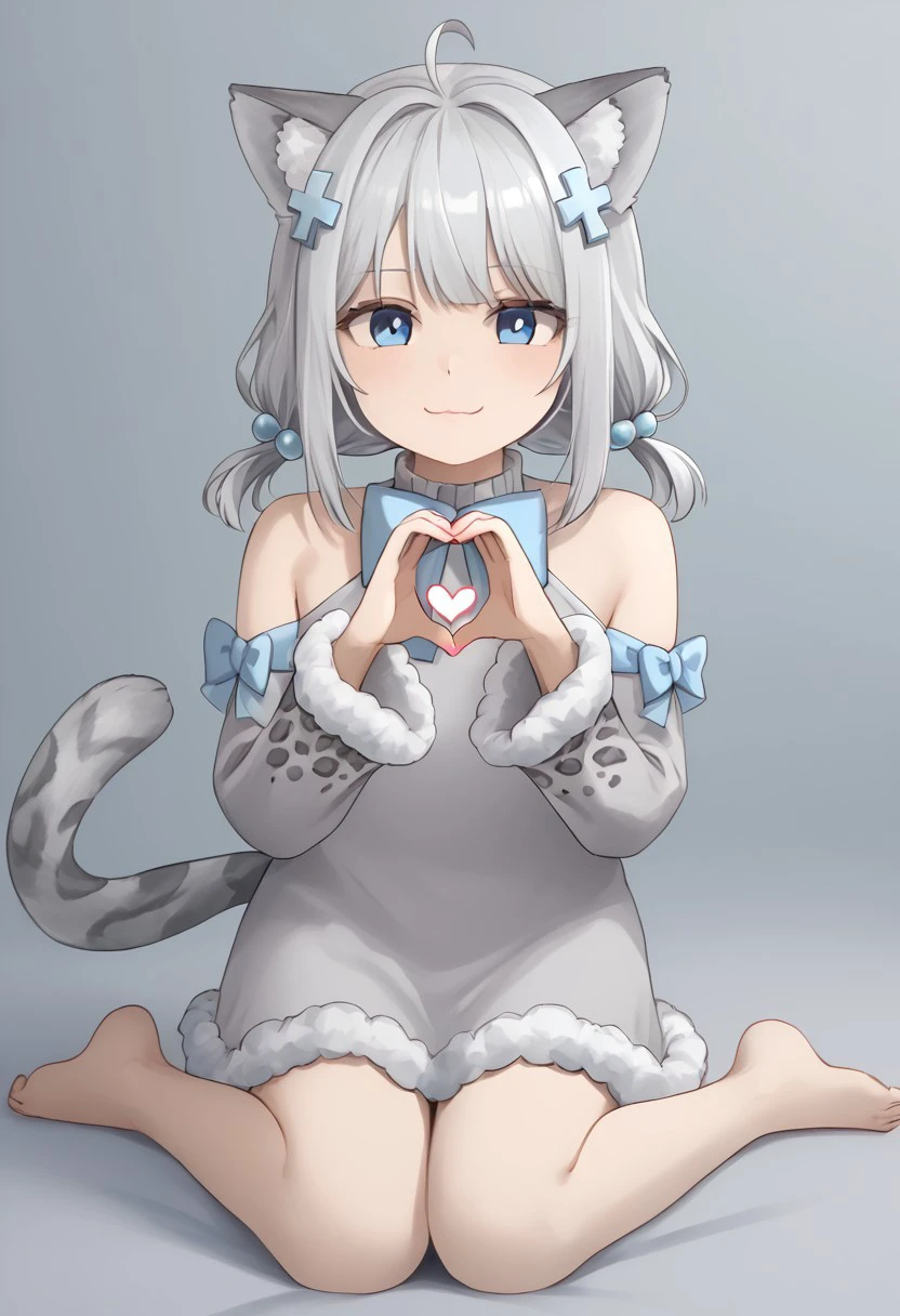 1girl, solo, FuuraYuri1st, blue eyes, animal ear fluff, ahoge, grey hair, white hair, bangs, low twintails, hair ornament, leopard tail, leopard ears, hair bobbles, short twintails, blue bow, dress, fur trim, bare shoulders, long sleeves, detached sleeves, white dress, fur-trimmed sleeves, 
wariza, full body, bare legs, barefoot, heart shaped hands, hands up