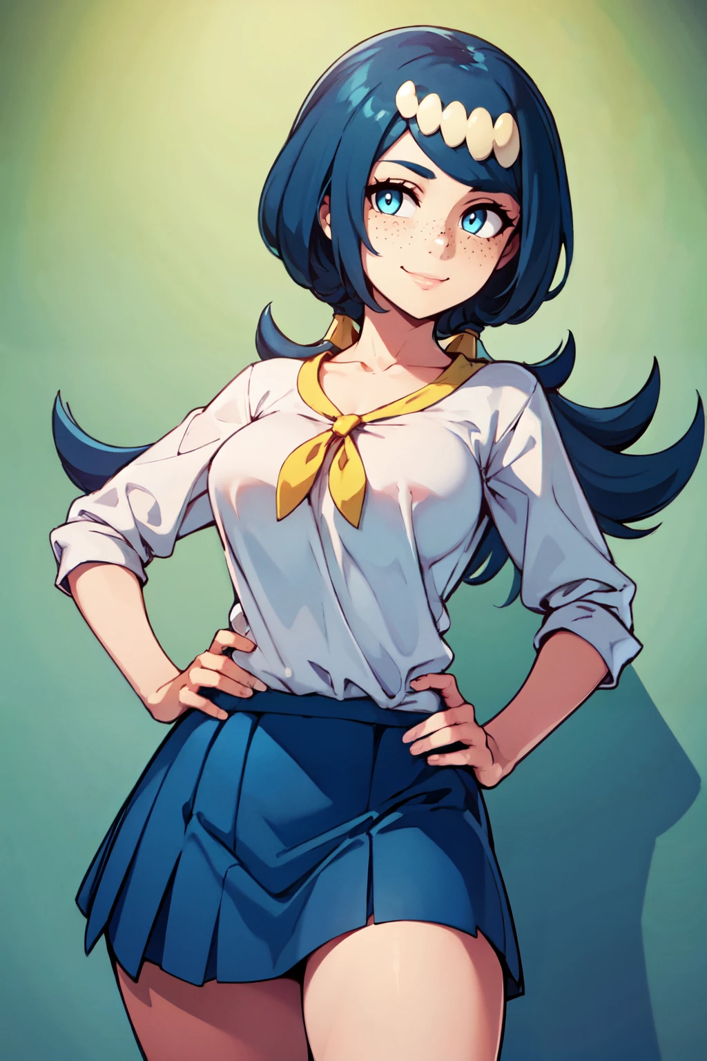 ((masterpiece,best quality)), absurdres,  BREAK,, <lora:Lanas_Mother_Pokemon:0.8>, zzLanasMother, blue hair, blue eyes, long hair, freckles, large breasts, hair ornament, white shirt, blue skirt, , BREAK, hip to the side, hand on hip, contrapposto,, BREAK, solo, smile, looking at viewer, cowboy shot,