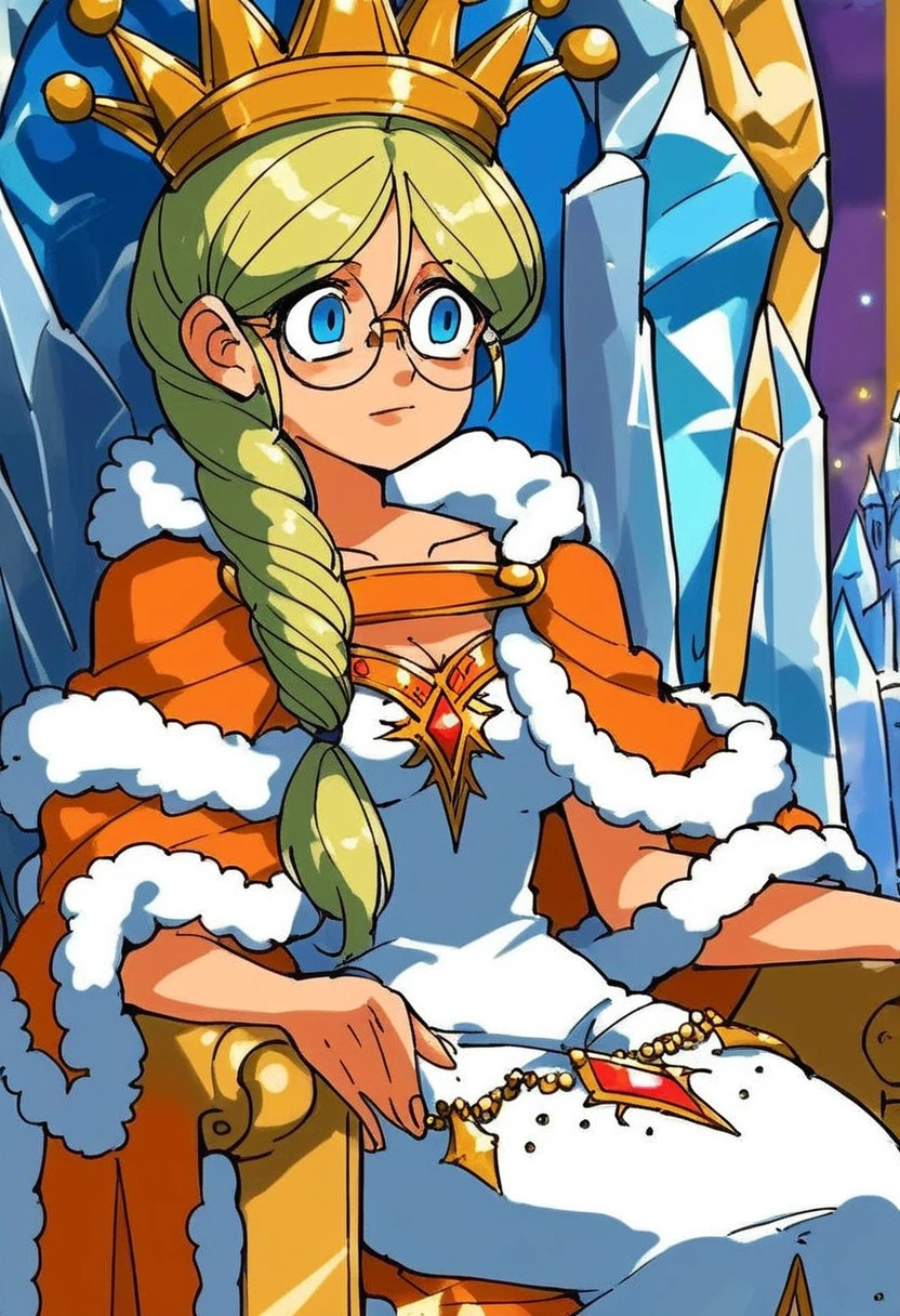 score_9, score_8_up, score_7_up, source_anime,
1girl, solo, queen_frysabel, fur trim, dress, glasses, jewelry, cape,  crown, <lora:queen_frysabel:1>, sitting on throne, ice castle