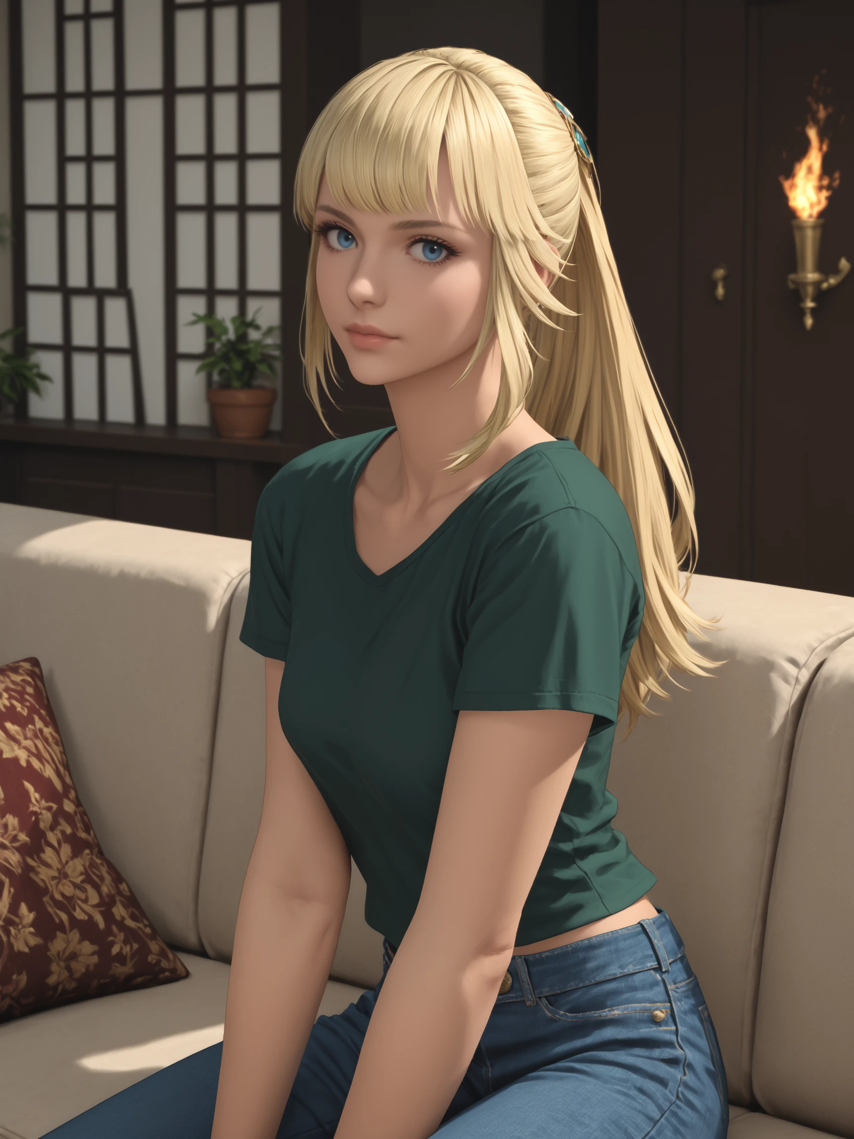 score_9, score_8_up, score_7_up, score_6_up, score_5_up, score_4_up, 1girl, solo, <lora:Lyse_Hext:1> LyseHext, Blonde hair, long hair, blue eyes, lips, ponytail, bangs, hyur, 1girl, , solo, wearing green t-shirt, jeans, sitting next to you on living room couch, pov on the couch, sexy expression, looking longingly at you, ponytail ornament, comfy couch, cozy living room, pictures on the wall, fire place