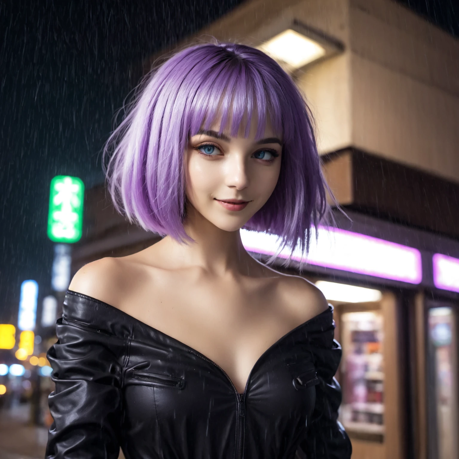 20 year old woman, (relaxing, gazing:2.0), winking, tall, (thin waist:1.4), dyed violet hair, short bob haircut, bare shoulders, off shoulder, at night, science fiction, cyberpunk, (outside a store front, neon lights:1.5), glowing runes, wearing  a uniform windy, windblown hair, (raining, steam:2.0), asian, (by Harumi Hironaka:0.5) <lora:Emotion Puppeteer XL_epoch_17:0.8>