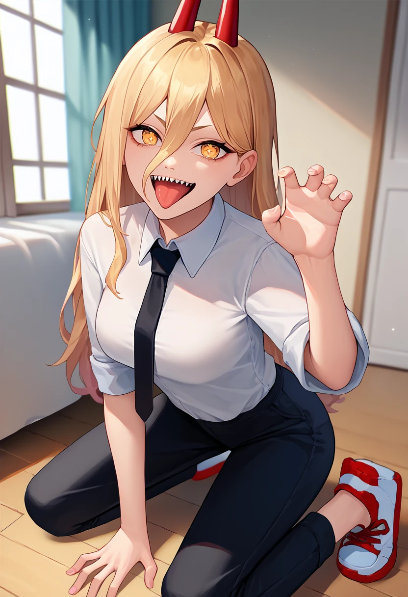 score_9, score_8_up, score_7_up, source_anime, solo, 1girl, csmp0werdef, sharp teeth, smile, open mouth, tongue out, looking at viewer, kneeling, claw pose, red horns, demon horns, yellow eyes, cross-shaped pupils, white shirt, collared shirt, black necktie, sleeves rolled up, black pants, sneakers, medium breasts, indoors <lora:csm_power_ponyXL:1>