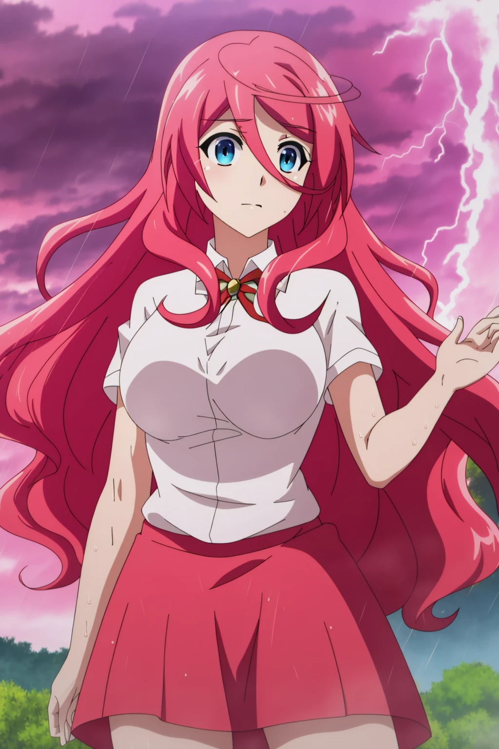 sysdeep_saria, 1girl, solo, long_hair, breasts, blue_eyes, large_breasts, hair_between_eyes, pink_hair, red_hair, sky, flying, skirt, magical_girl, pink_outfit, ward, rain, wet_clothes, thunder, lightning, casting_magic, magic, wet_hair, from_below