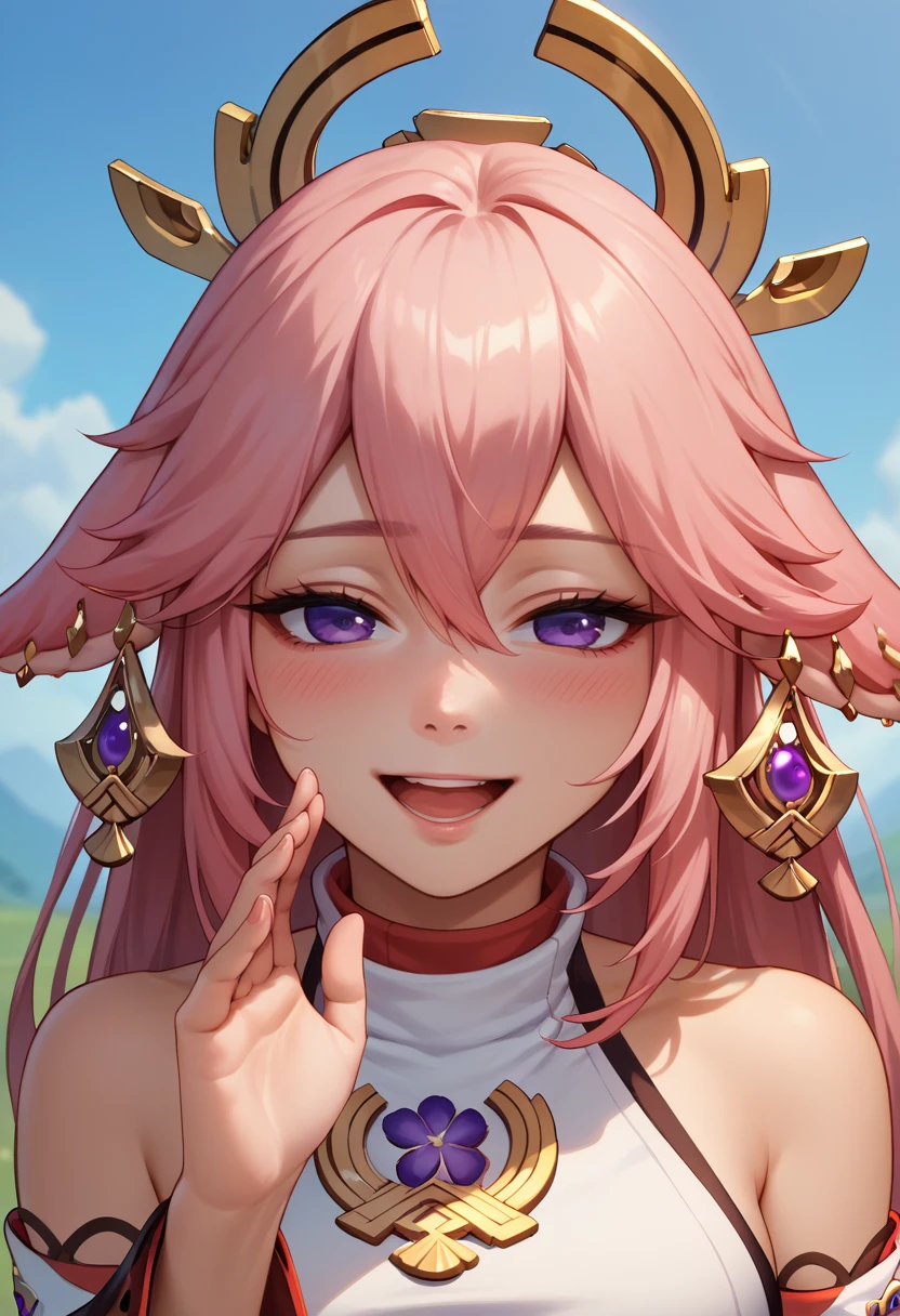 score_9, score_8_up, score_7_up, whispering, hand up, <lora:WhisperingPOV_pdxl_Incrs_v1:1>, 1girl, yae miko, blush, open mouth, smile, upper body,