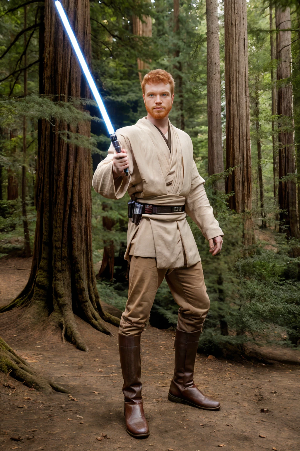 Star Wars, standing in a redwood forest among giant redwood trees, ginger hair, DacotahRed in jedioutfit, holding lightsaber, (((full body portrait))), wide angle <lora:DacotahRed:0.8>    <lora:jedioutfit:0.8>