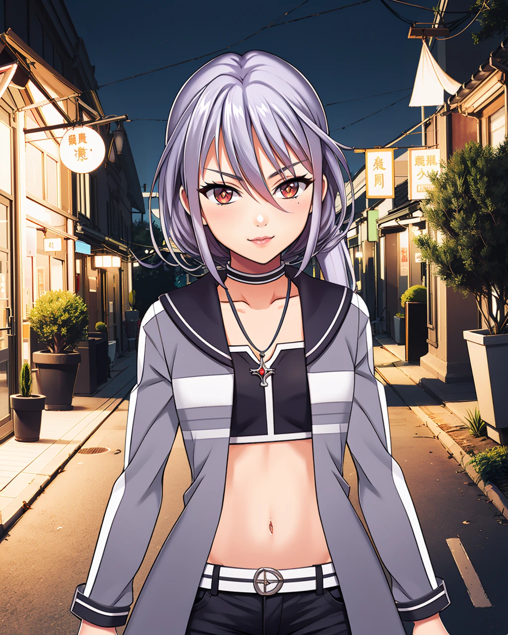 masterpiece, high quality, pmmmamanosuzune, 1girl, upper body, medium shot, red eyes, grey hair, looking at viewer, ponytail, black with white top, black shorts, white striped belt, white striped choker, cross with red gem on necklace, grey with white unzipped coat, (evil smile:0.85), outdoors, city, alley, night, lantern, detailed, <lora:pmmmamanosuzune:0.85>