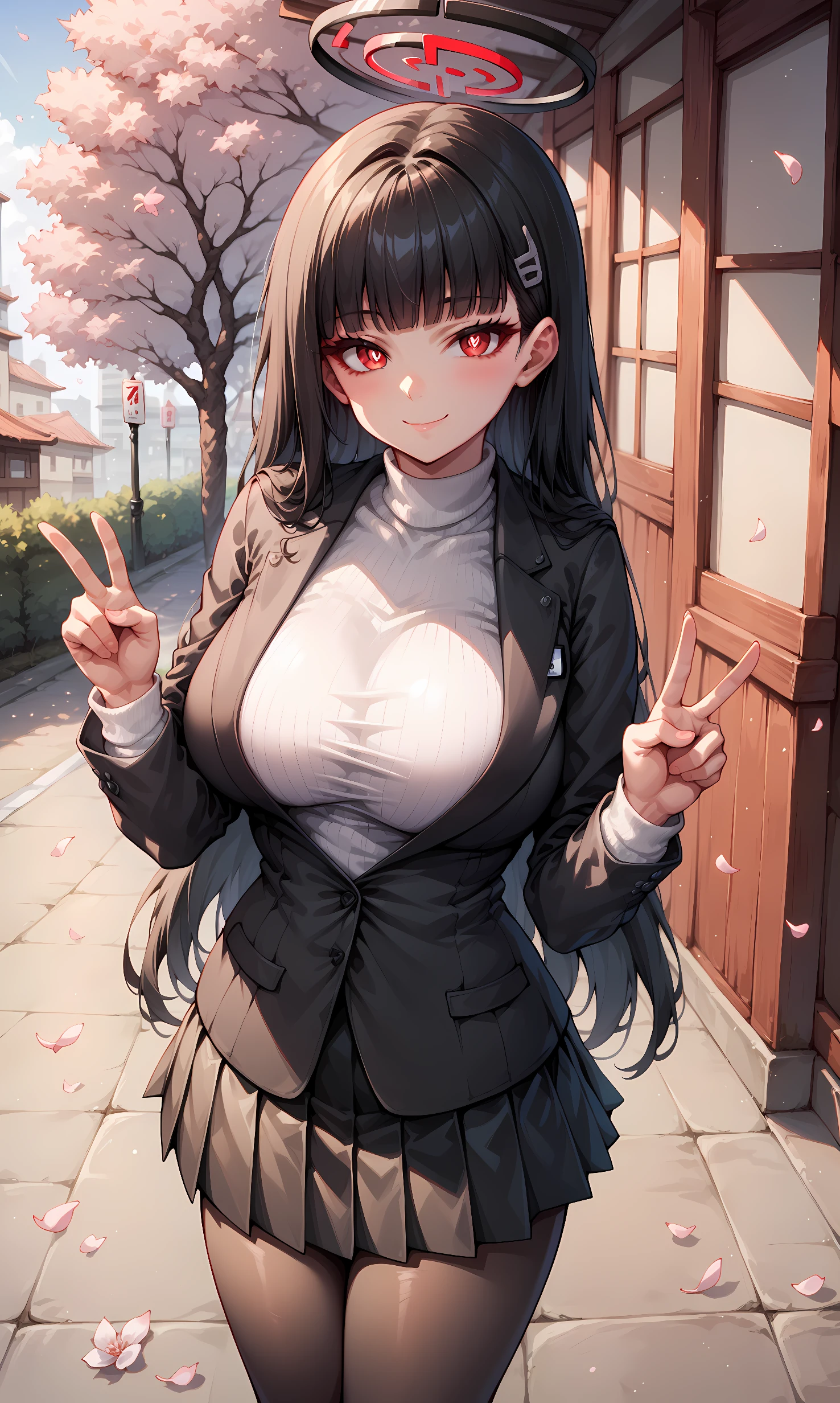 score_9, score_8_up, score_7_up, score_6_up, score_5_up, score_4_up, BREAK source_anime, 1girl, solo, outdoors, street, cherry blossoms, cowboy shot, standing, looking at viewer, ,rio, red eyes, bright pupils, black hair, very long hair, blunt bangs, hairclip, halo, black blazer, closed clothes, white sweater, turtleneck, sweater under jacket, long sleeves, id card, black skirt, pleated skirt, black pantyhose, smile, closed mouth, double v 