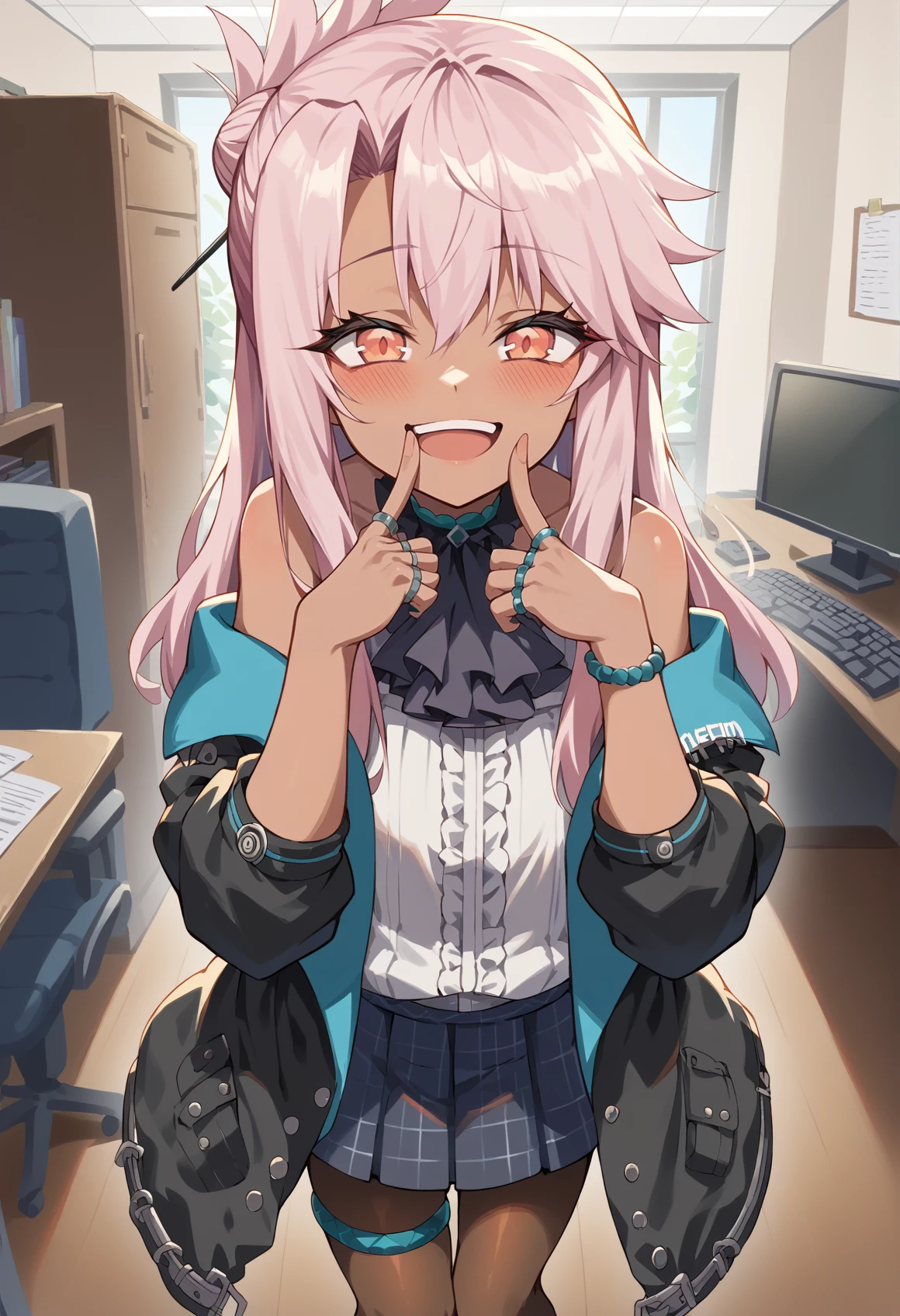 1girl, dark skin, pink hair, orange eyes, medium hair, single hair bun, topknot, choker, ascot, hooded jacket, blouse, ring, checkered skirt, pantyhose, Thigh Strap, anklet, bare shoulders, off shoulder, (finger to mouth), evil smile, blushing, half-closed eyes, indoors, office, oppen mouth, upper teeth only,  <lora:Amiya_XL:1> <lora:Kuro_XL:1>, score_9, score_8_up, score_7_up, score_6_up, score_5_up, score_4_up, BREAK source_anime, masterpiece