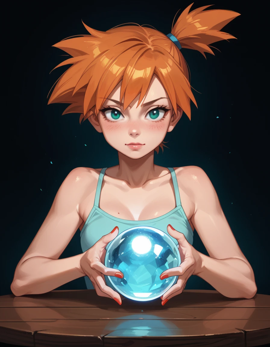 score_9, score_8_up, score_7_up, score_6_up, score_5_up, score_4_up, 1girl, misty_\(pokemon\), hud_cryst4l_b4ll, glowing, crystal ball, orb, upper body, table, nail polish