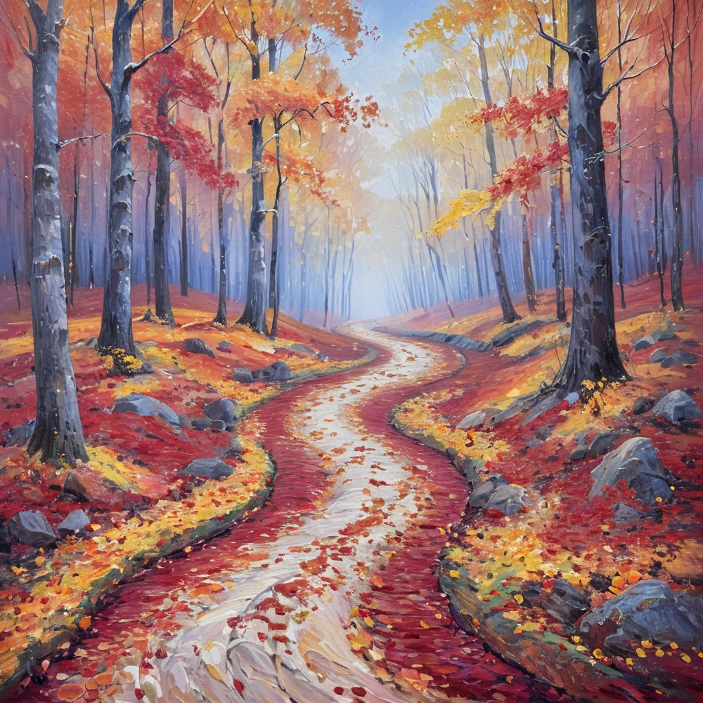 masterpiece, best quality, <lora:add-detail-xl:1>, <lora:ArsMJStylePony_-_Impressionism:1>, ArsMJStyle, impressionism,  A colorful autumn forest, with a winding path disappearing among trees ablaze in reds, oranges, and golds. Fallen leaves carpet the ground, their colors blending in a swirl of impressionistic brushstrokes. The scene pulses with the vibrant energy of the changing seasons.