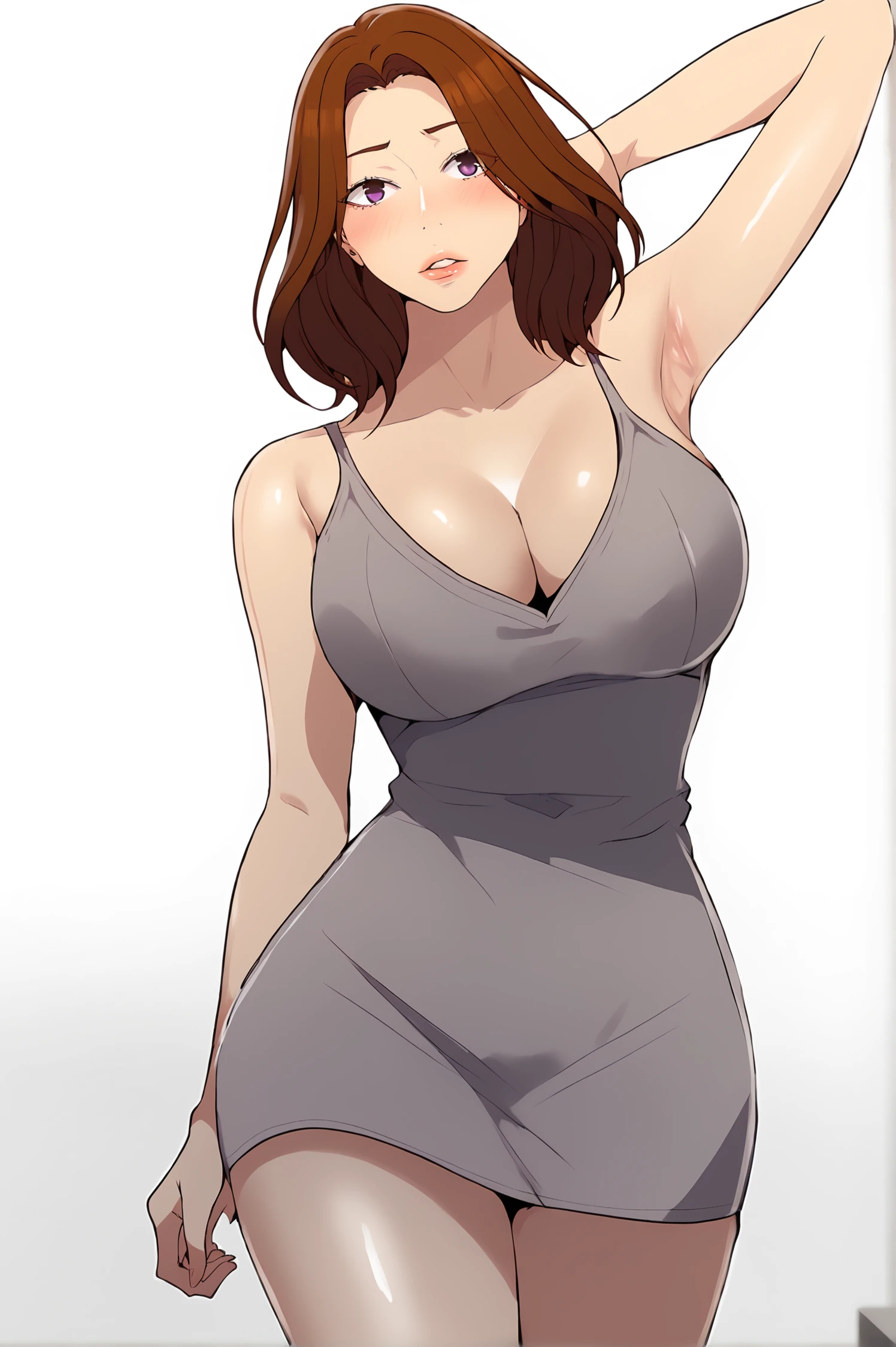 <lora:XL_AuntJune_SC:1> auntjunedef, purple eyes, brown hair, medium hair, 
simple background, white background, mature female, arm behind head, collarbone, standing, dress, thighs, arm at side, armpits, bare shoulders, cleavage, arm up, cowboy shot, sleeveless, large breasts, blush, looking at viewer, solo, parted lips, grey dress, 1girl, short dress, score_9,score_8_up,score_7_up, detailed face, source_anime