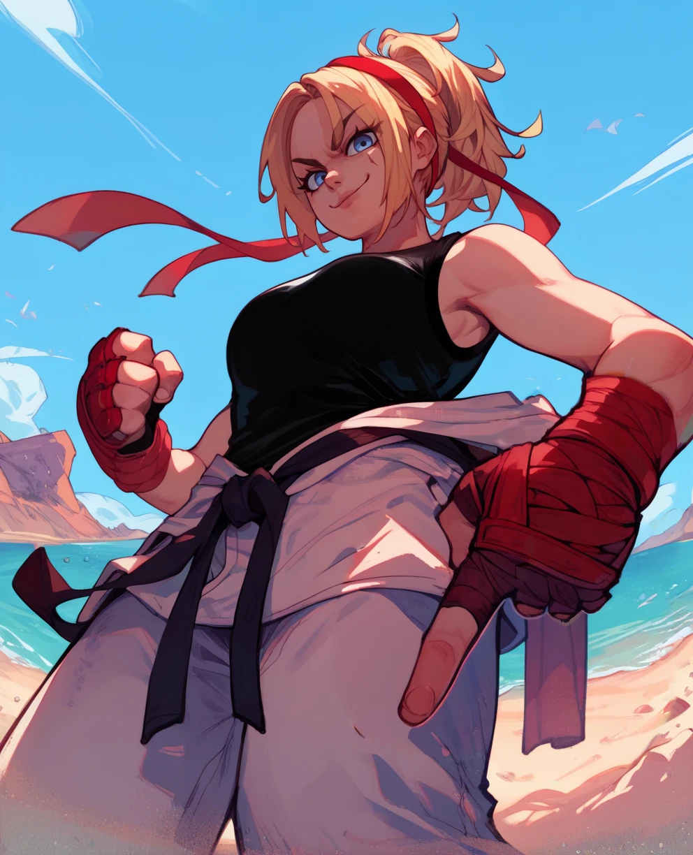 score_9,score_8_up,score_7_up,score_6_up,lidiasxl,blue eyes,ponytail,blonde hair,red hairband,karate pants,black shirt,martial arts belt,
red gloves,red arm wraps,sleeveless,smug,
standing,from below,
beach,
<lora:LidiaXL2:0.9>,looking at viewer,solo,