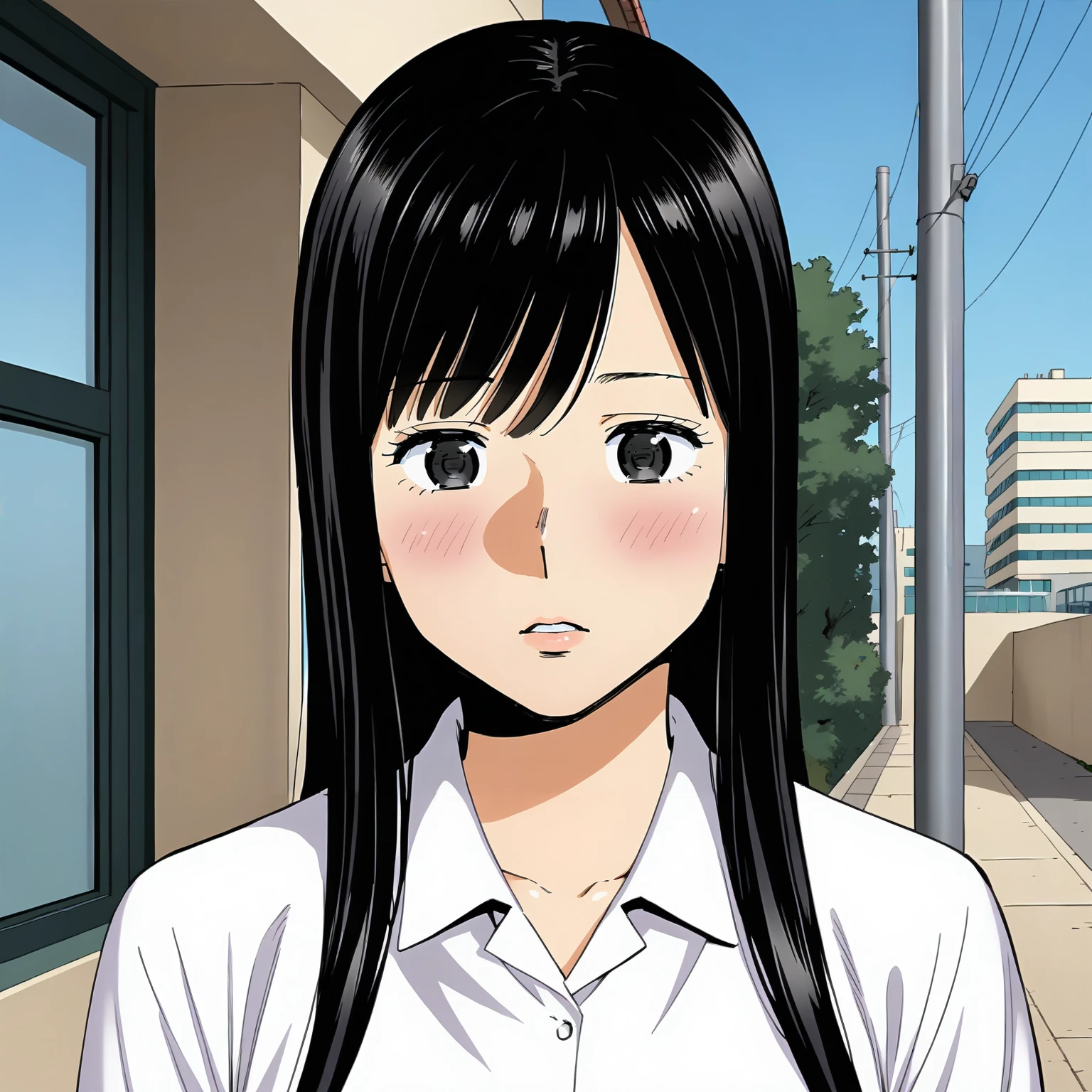 <lora:KZ_RihoIidaXLpony002>,
close-up,
blush,looking at viewer,parted lips,
solo,
RihoIida,1girl,black hair,long hair,black eyes,
collared_shirt,
outdoors,