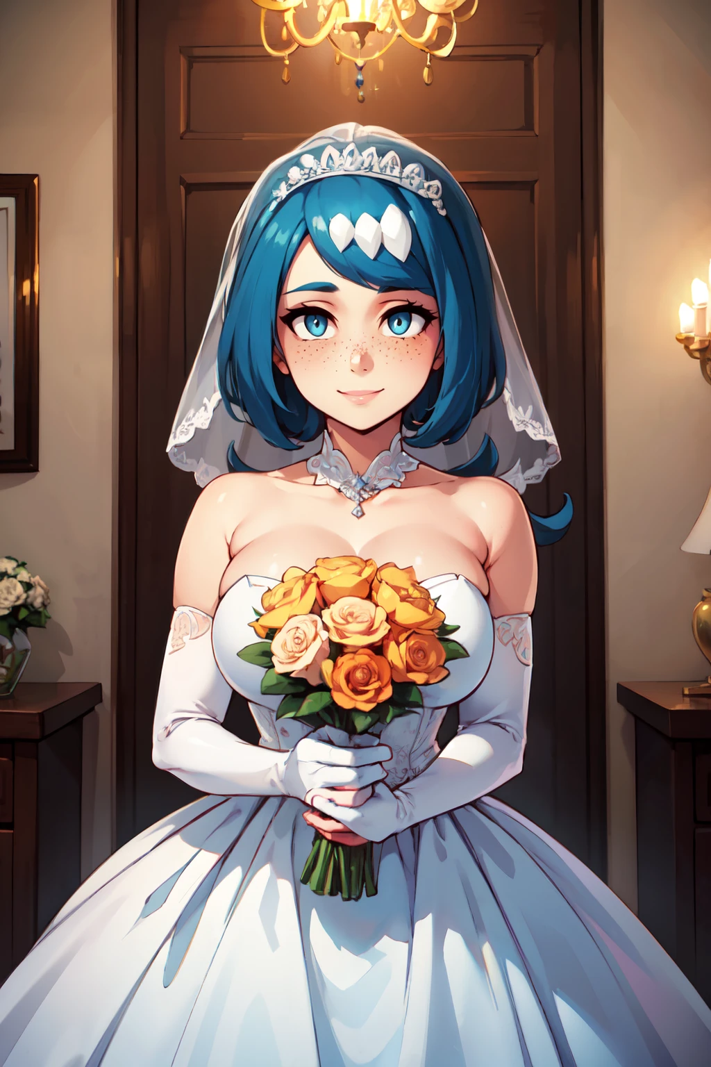 ((masterpiece,best quality)), absurdres,  BREAK,, <lora:Lanas_Mother_Pokemon:0.8>, zzLanasMother, blue hair, blue eyes, long hair, freckles, large breasts, hair ornament, , BREAK, bride, wedding dress, bridal veil, strapless dress, elbow gloves, holding bouquet,, BREAK, solo, smile, looking at viewer, cowboy shot,