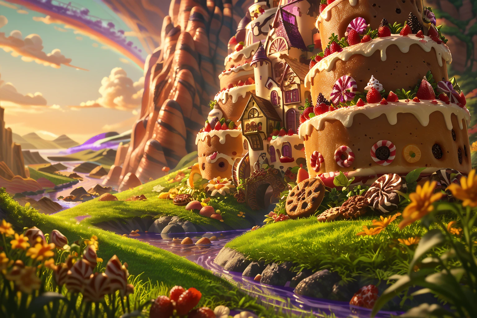 Score_9, Score_8_up, Score_7_up, (masterpiece, best quality), (insaneres), 8k resolution wallpaper, hyperdetailed, sweetscape, full background, fantasy, sugar, shiny, (isometric:1.2), tilt-shift, rainbow terrain, candy, (chololate:1.3), oversized truffle, smooth, dripping, oversized cake, cake, tilt-shift, smarties, spiral tree, grass, landscape, (purple water:1.4), (deep depth of field), sunset, glaze, cookie, sugar, glitter, volumetric lighting, (Extremely detailed, intricate details),Low-key lighting Style