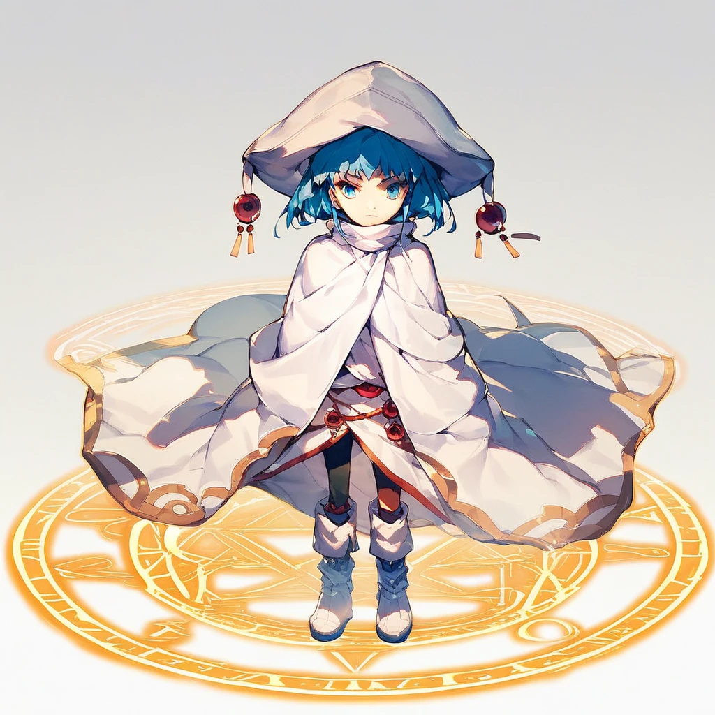 score_9, score_8_up, score_7_up, score_6_up, Hecate, 1girl, solo, short hair, blue eyes, hat, white background, blue hair, boots, cape, cloak, magic circle, sensitive