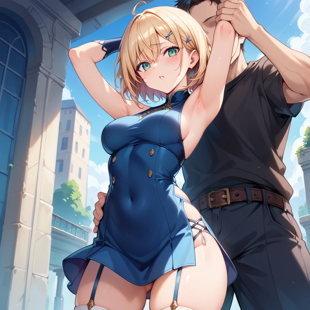 score_9, score_8_up, score_7_up, best quality, masterpiece, source_anime, zPDXL2, BREAK  <lora:arms_up:1>blush, 1girl, 1boy, arms up, arm grab, standing