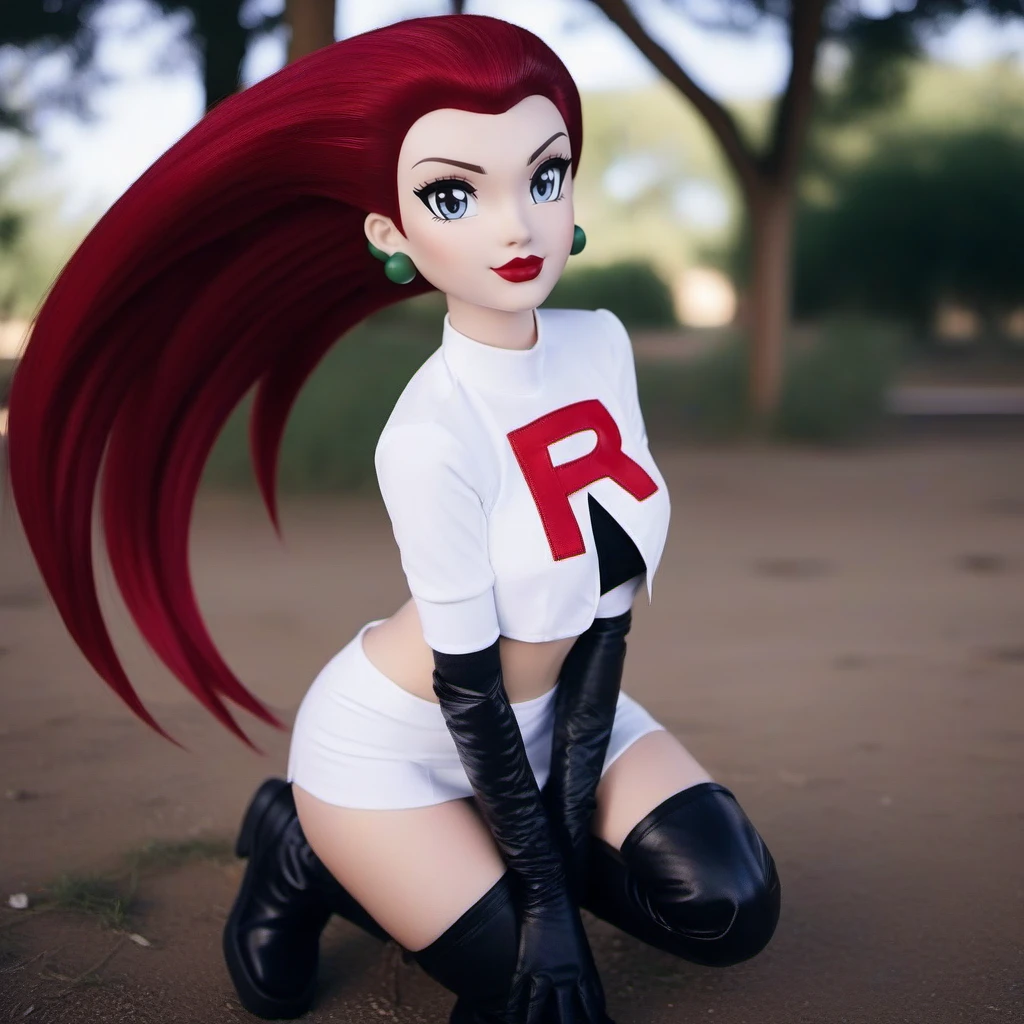 cinematic photo  1girl, team rocket, hair slicked back, red hair, navel, red lipstick, white croptop, white skirt,  thighhighs, high black boots, black elbow gloves, ruins background  <lora:Jessie-1024:0.8> . 35mm photograph, film, bokeh, professional, 4k, highly detailed