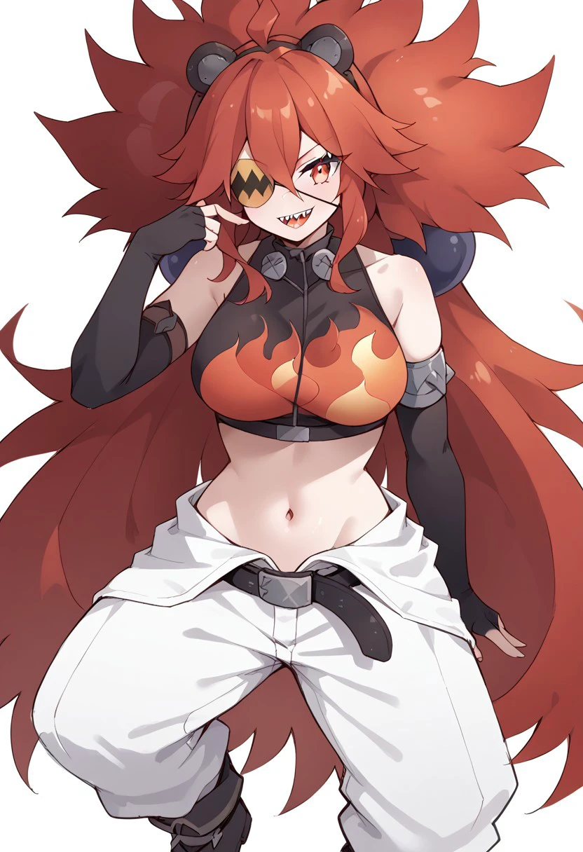 score_9, score_8_up, score_7_up, source_cartoon, 1girl, koleda belobog, large breasts, (long hair, red hair, hair between eyes:1.2), (flame sports bra, navel, belt, white jumpsuit tied at the waist, black fingerless arm sleeves, boots, eye patch, sharp teeth, evil smile, (portrait view, close view)