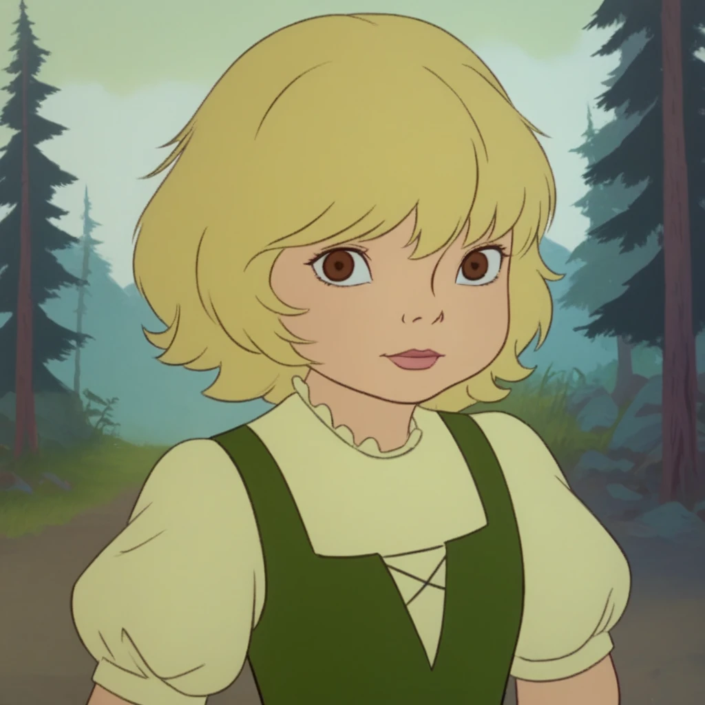 score_7_up, BREAK, heidi, 1girl, solo, blonde hair, short hair, brown eyes, dress, short sleeves, puffy sleeves, upper body,   <lora:heidi_Song1982_PXL_Leaf1:1>, outdoors, forest, looking at viewer,