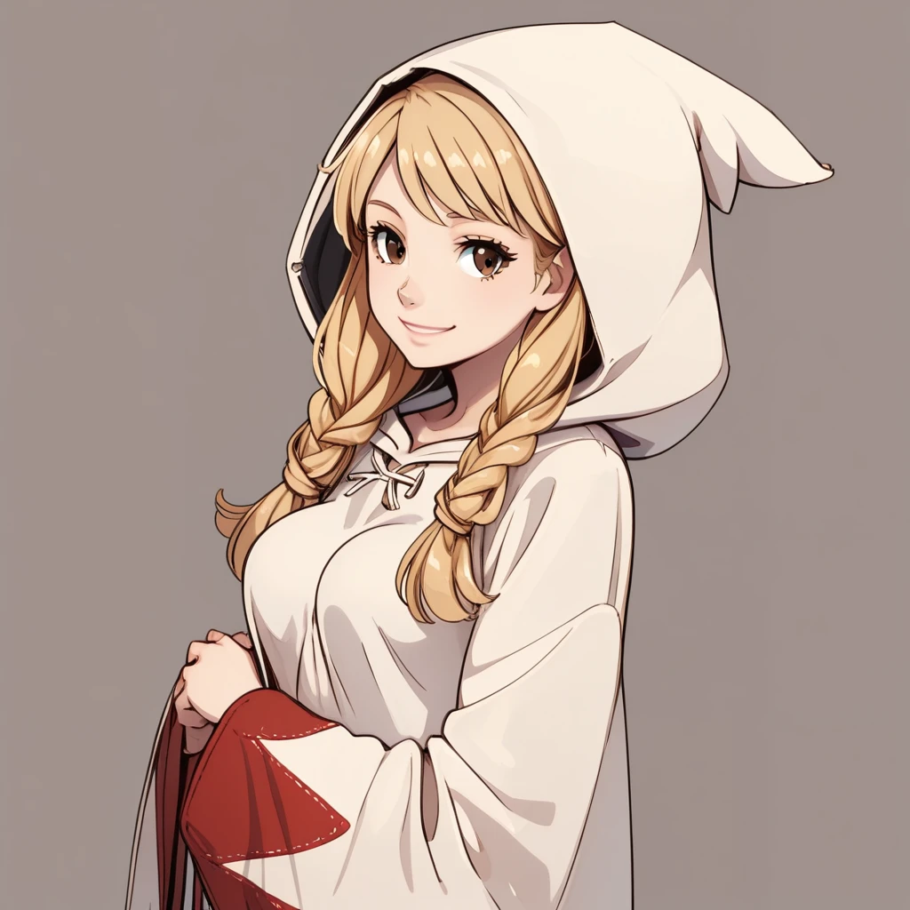 brown eyes, looking at viewer, smile, twin braids, hood, simple background, robe, fftwhitemage, solo, breasts, blonde hair