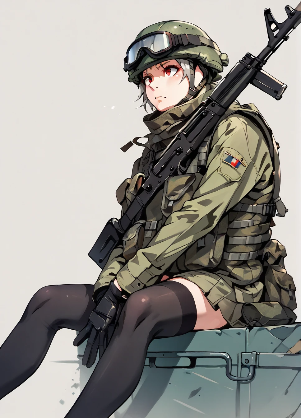 score_9, score_8_up, score_7_up, score_6_up,score_5_up,  RussianSoldier, 1girl, solo, simple background, red eyes, thighhighs, gloves, hat, white background, sitting, weapon, grey hair, black thighhighs, gun, wariza, helmet, goggles, rifle, assault rifle, holding ak-74, <lora:RussianSoldierV2-000005:1>