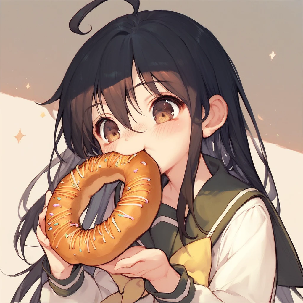 score_9, score_8_up, score_7_up, score_6_up, Shana, 1girl,  solo, long hair, blush, black hair, bow, brown eyes, school uniform, ahoge, food, serafuku, eating, mouth hold, yellow bow, food in mouth, bread, doughnut, cookie, shana, sensitive