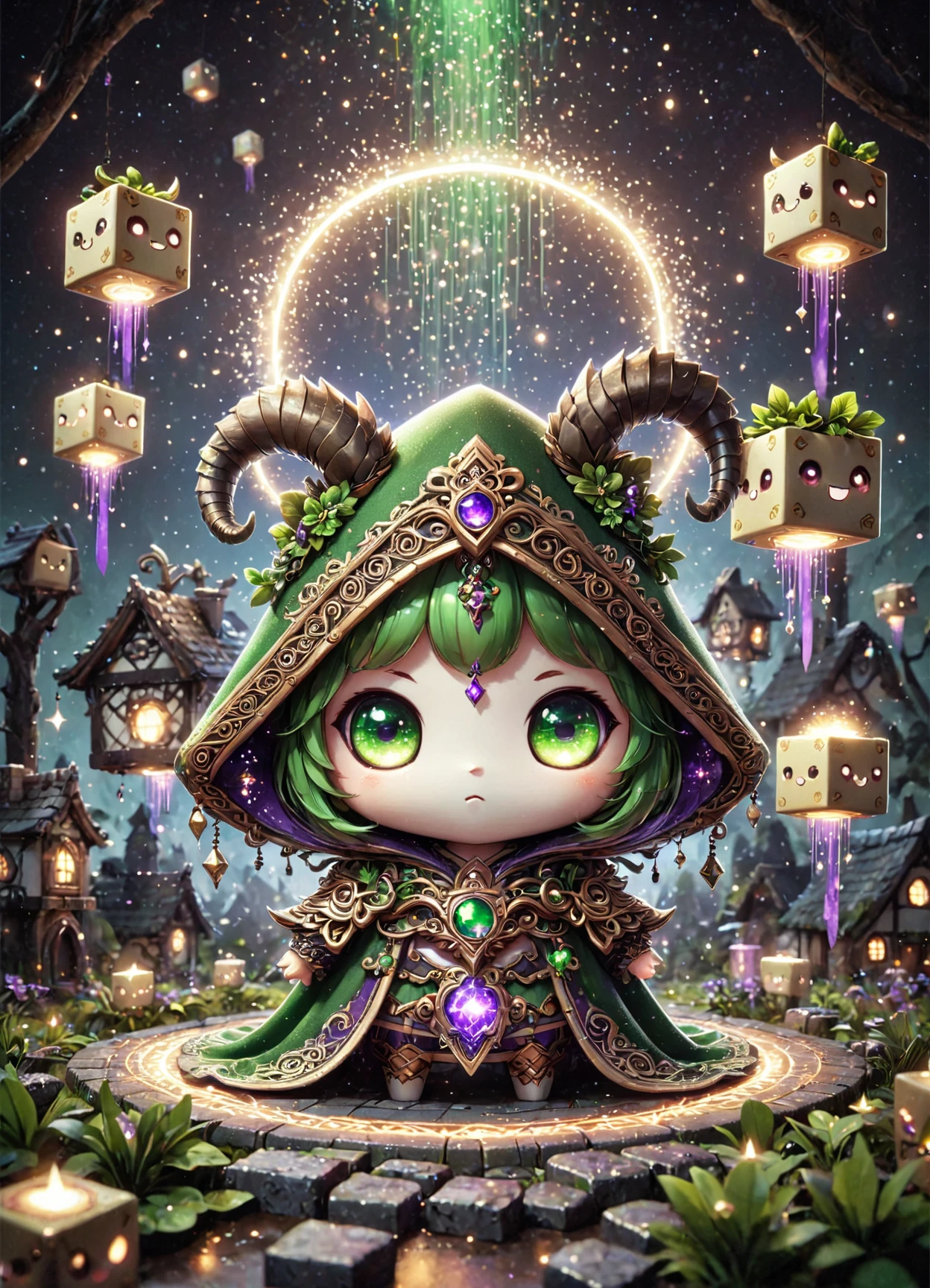 DonMCu73D4rkXL,  cute, chibi, cube , Traditional Irish illustrations, Festive, , Green streamers, Pot of gold, 0.3&&Traditional cottages Thatched roofs, Green spotlights, <lora:DonMCu73D4rkXL:0.8>