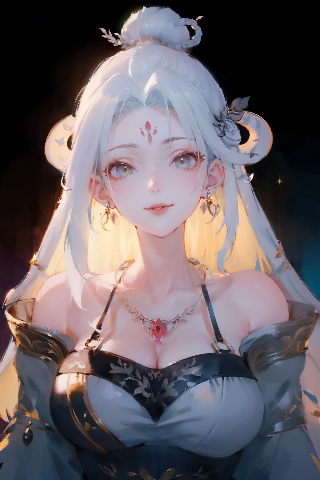 <lora:XiaobaiV2-SD15optimize:1>,
masterpiece,highest quality,exquisite details,amazing art,realistic details,pretty face,real skin,8K,RAW,movie lighting,soft light,shallow depth of field,bokeh,dreamy,
xiaobai,1girl,jewelry,solo,white hair,earrings,looking at viewer,long hair,hair ornament,nail art,forehead mark,upper body,simple background,necklace,parted lips,smile,traditional_media,pastel_color,, best quality , masterpiece, illustration, an extremely delicate and beautiful, extremely detailed ,CG,unity,8k wallpaper, Amazing, finely detail, masterpiece, best quality,official art,extremely detailed CG unity 8k wallpaper,absurdres, incredibly absurdres, huge filesize , ultra-detailed, highres, extremely detailed,beautiful detailed girl, extremely detailed eyes and face, beautiful detailed eyes,light on face,