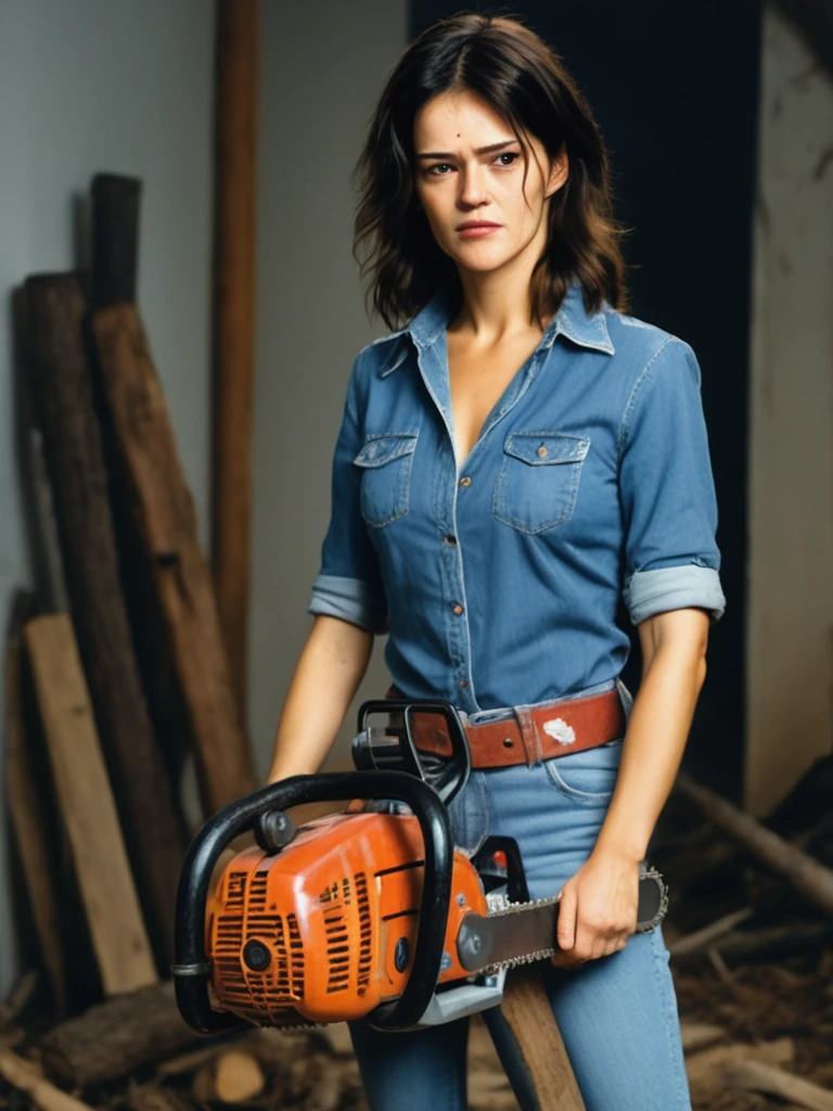 masterpiece, best quality, detailed face, Lightsaber Red tshirt in a garage, leaning on a workbench, <lora:Tina_Fey:1> 1girl, solo, a mature t1873f,