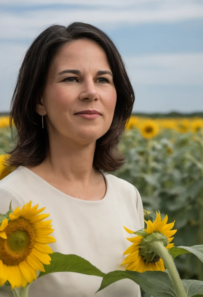 Photorealism masterpiece, high detail,Portrait of Annalena Baerbock, standing in a field of sunflowers  , Photorealism, often for highly detailed representation, photographic accuracy, or visual illusion.