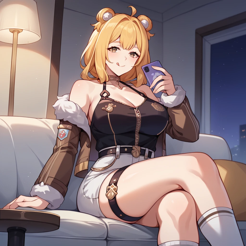 score_9_up, score_8_up, score_7_up, source_anime, masterpiece, best quality, 1girl, solo, Susannah, Sus_Bear, night time, ceiling lamp, lying on couch, gaming on phone, confident smile, tongue, crossed legs, white socks, black footwear, blonde hair, brown eyes, long hair, hair intakes, low ponytail, fur-trimmed jacket, cropped jacket, brown jacket, black shirt, zipper, choker, high waist shorts, white shorts, fur trim, bear ears, belt, jewelry, halterneck, cleavage, thigh strap, bare shoulders, long sleeves, mature body, dynamic cowboy shot, indoors, cafe background