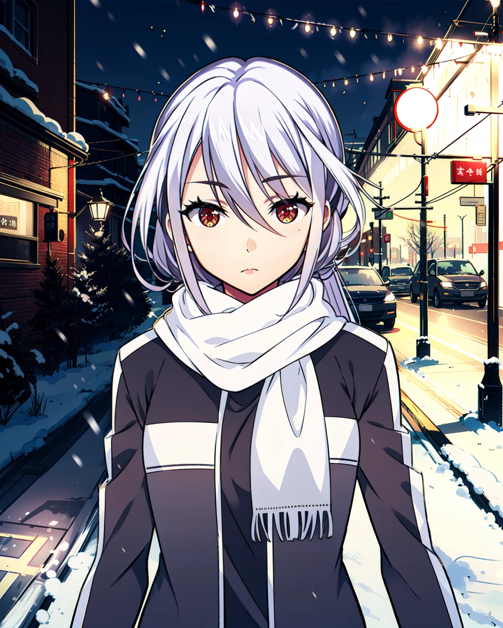 masterpiece, high quality, pmmmamanosuzune, 1girl, upper body, medium shot, red eyes, grey hair, ponytail, brown winter jacket, scarf, outdoors, city, street, winter, snow, <lora:pmmmamanosuzune:0.8>