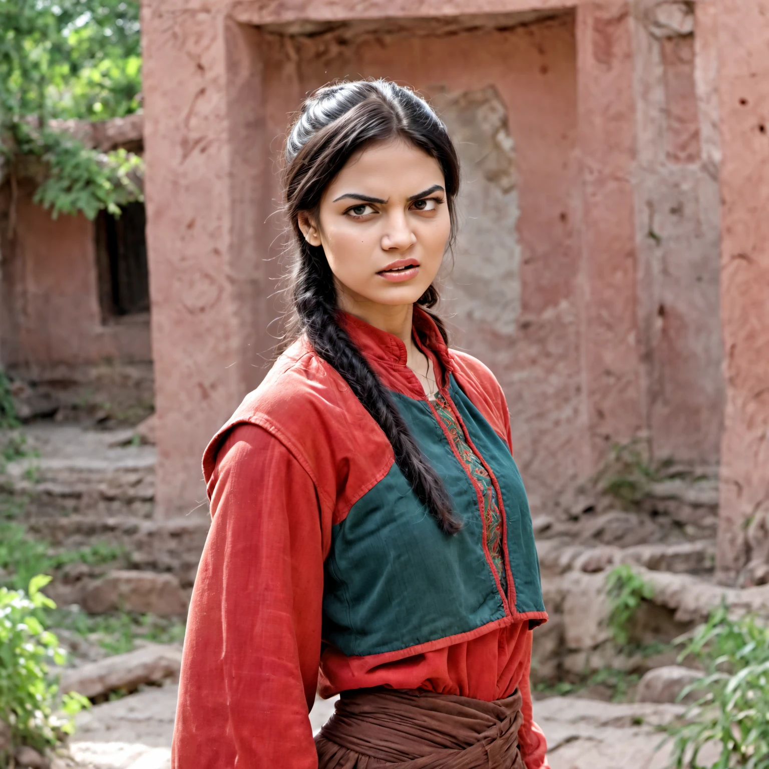 female warrior woman, indian, pakistani woman, (sneering, seething:2.0), she is ready to fight, fighting stance, (action pose:1.5), disgusted and defiant, in an ancient temple, colorful ancient clothes, embroidered fabric, overgrown flora, cinematic, dvd screencap, <lora:Emotion Puppeteer XL_epoch_17:1.0>