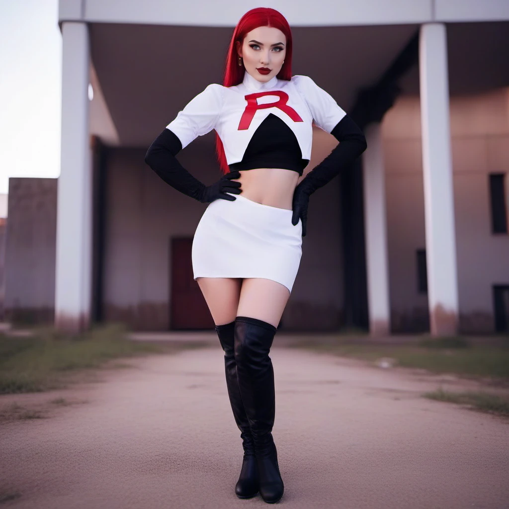 cinematic photo  1girl, team rocket, hair slicked back, red hair, navel, red lipstick, white croptop, white skirt,  thighhighs, high black boots, black gloves, ruins background  <lora:Jessie-1024:0.8> . 35mm photograph, film, bokeh, professional, 4k, highly detailed