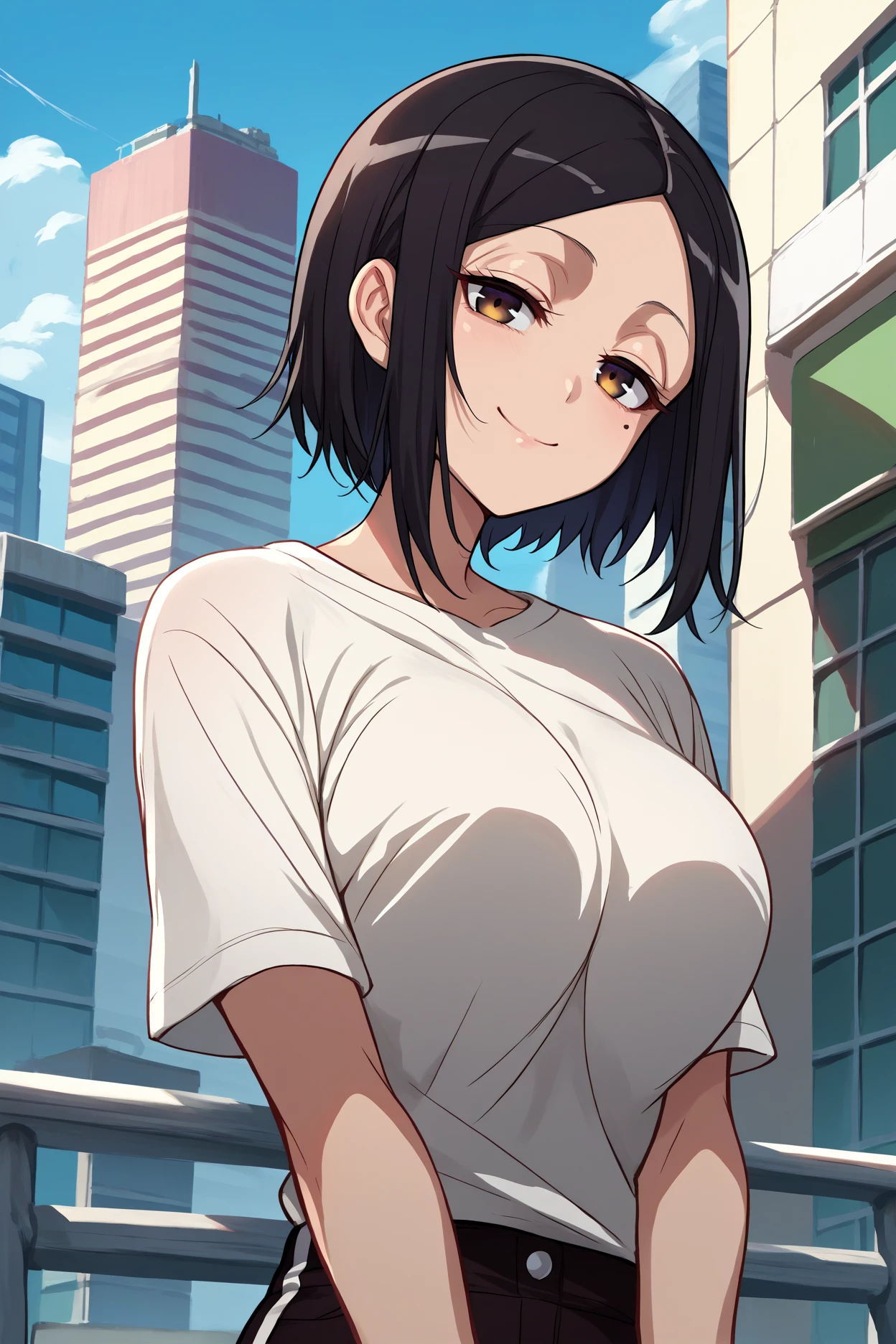 score_9, score_8_up, score_7_up, score_6_up, source_anime, 1girl, solo,  <lora:tachibanasatomi-pdxl-nvwls-v1-000006:1> tsato, black hair, short hair, mole under eye, white t-shirt, black shorts, looking at you, big breasts, smile, blue sky, city, upper body, legs