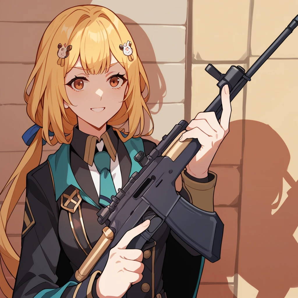 score_9_up, score_8_up, score_7_up, source_anime, masterpiece, best quality, 1girl, solo, Susannah, Sus_Uni, military equipment, shadow, standing, holding rifle with both hands, ak-47 rifle, determined, looking at you, nervous smile, blonde hair, brown eyes, long hair, hair intakes, low ponytail, black jacket, white shirt, black corset, bike shorts, black shorts, long sleeves, black gloves, teal necktie, pouch, teal cape, side cape, blue ribbon, rabbit hair ornament, mini skirt, thigh strap, black gauntlets,  mature body, dynamic cowboy shot, outdoors, military grounds background