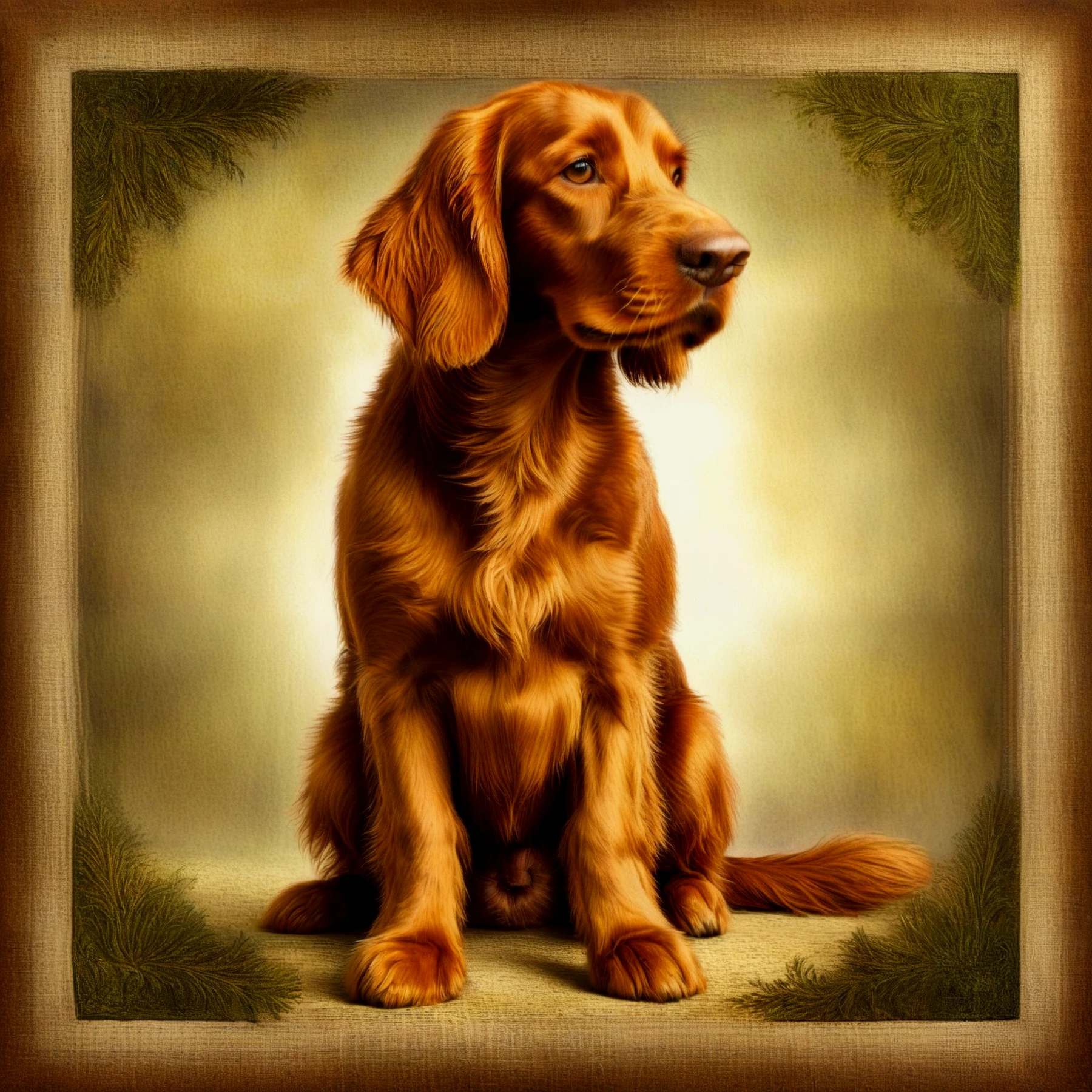 Highly detailed. Realistic. Oil painting. Rembrandt style.

An Irish setter, sitting proudly.

Atmospheric, moody, rustic. Misty.

<lora:TitianRed01_CE_SDXL:0.4> tnrdCE
<lora:Kartoongo01_CE_SDXL:0.6> krtngoCE