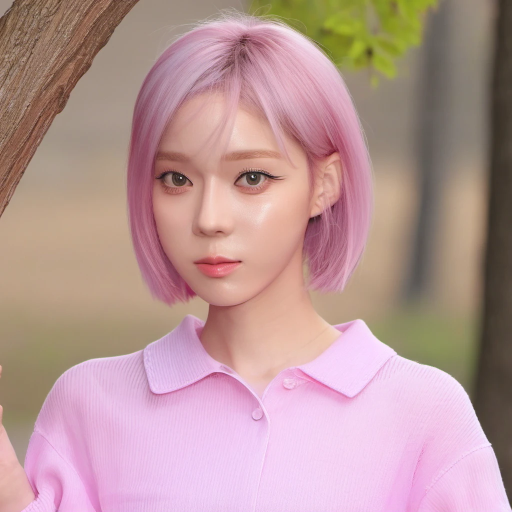 winter, (best quality, masterpiece:1.3), realistic, 1girl, solo, cute, beautiful, looking at viewer, beautiful expression, (upper body:1.2), portrait, (straight on), outdoors, in the park, (closed mouth:1.2), pink shirt, short hair, medium breast, detailed face, detailed eyes, detailed iris, lips, highres