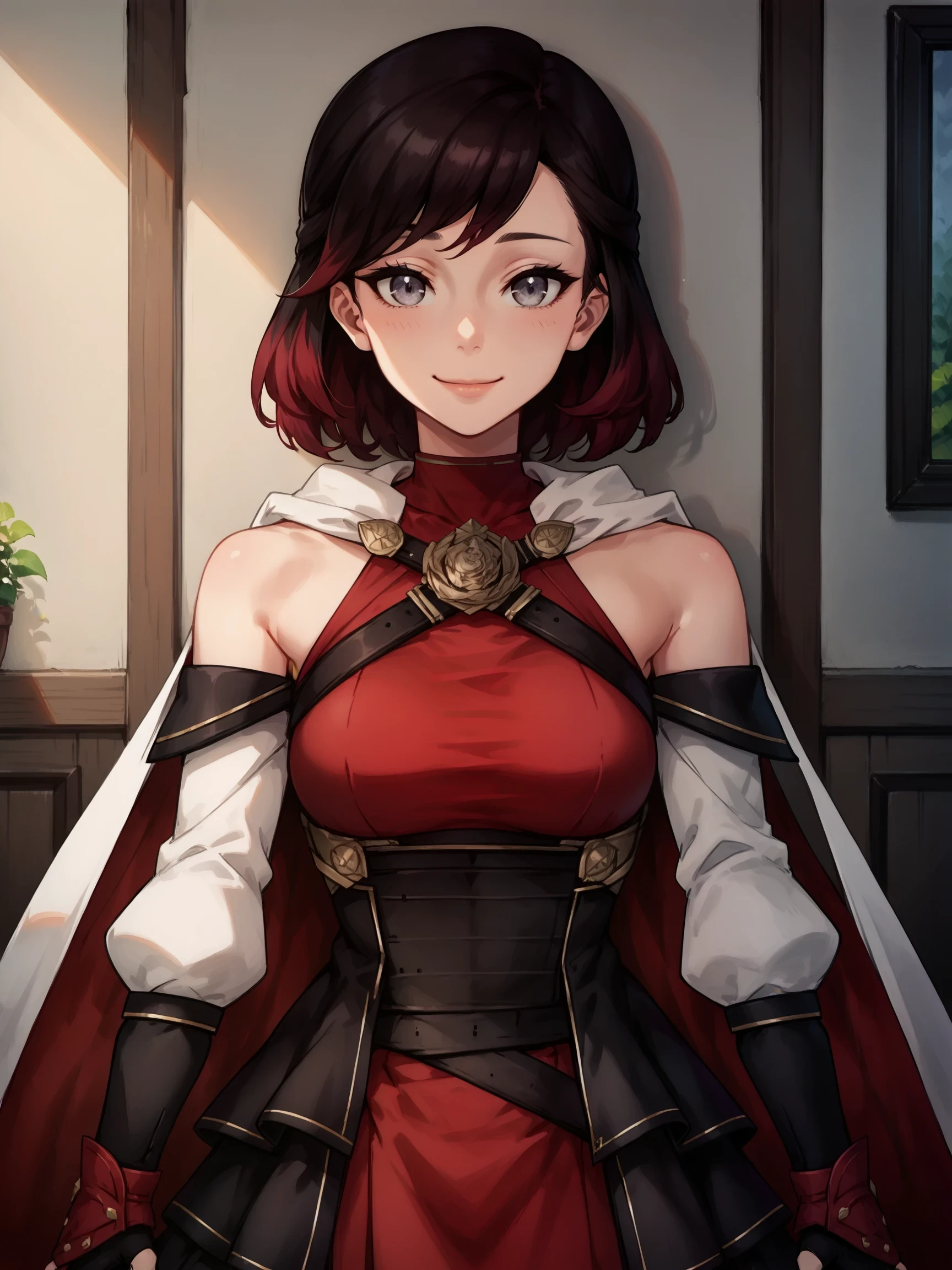 ((standing with arms at sides)), smile, SummerRose, 1girl, solo, two tone hair, black hair, red hair, silver eyes, 

 score_9, score_8_up, score_7_up, masterpiece, indoors, detailed background, living room, furniture,

Vol9Outfit, red dress, pantyhose, bare shoulders, detached sleeves, long sleeves, fingerless gloves, white cape, red cape inside, belts