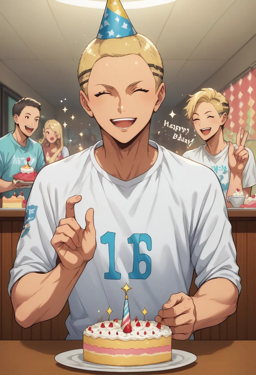 score_9, score_8_up, score_7_up, source_anime, rating_safe, sparkles effects, Kenaikyu, blonde buzz cut, 1boy, male focus, closed eyes, casual clothes, party hat, open mouth, wide smile, teeth, upper body, hands with five fingers, happy birthday, cake on table, simple patterned background, cute wallpaper, happy-cheery,