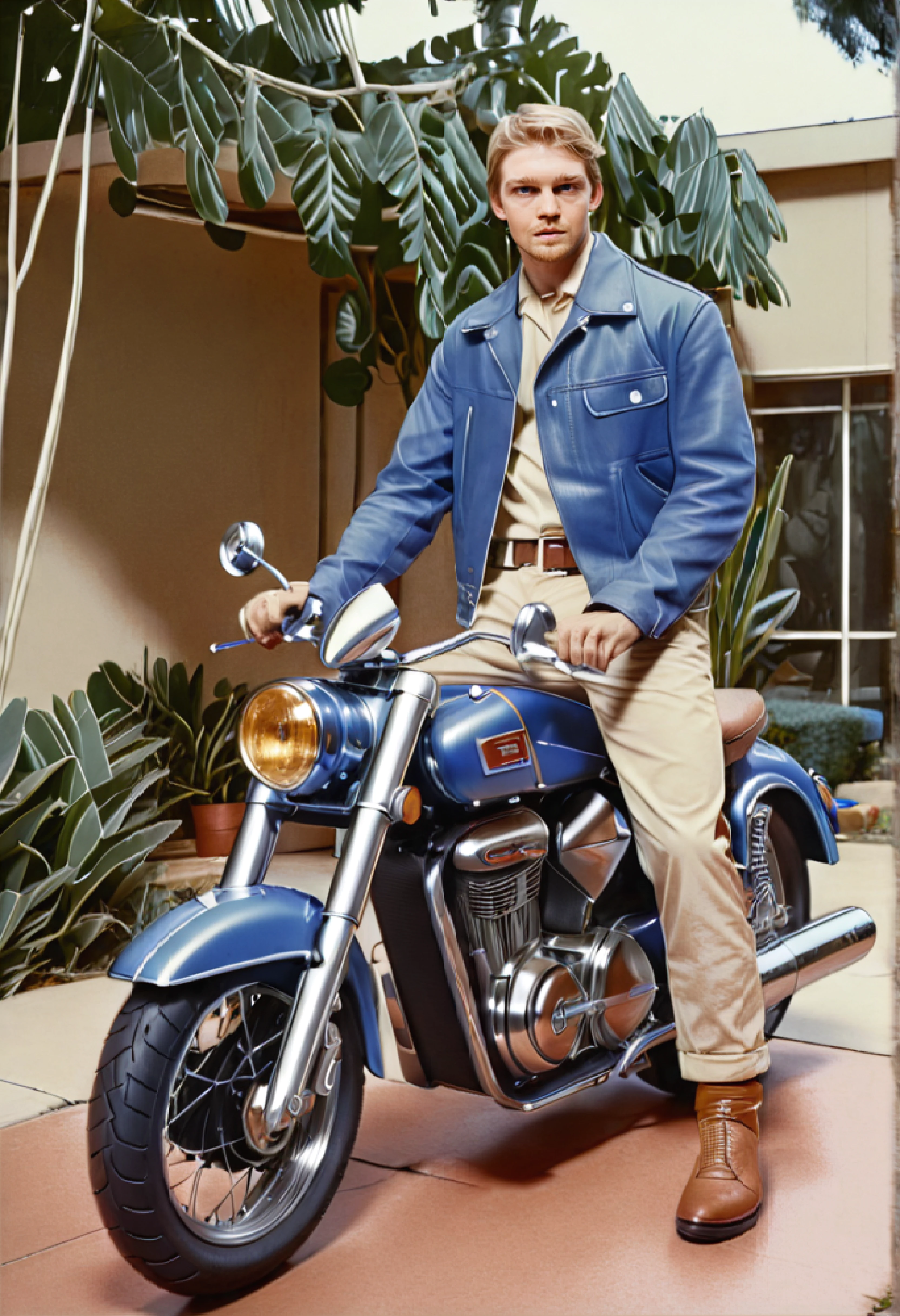 <ckpt:ZavyChroma.safetensors>, <ckpt:Fluently.safetensors>, <lora:JoeAlwyn.safetensors:1.2>, Photograph of Joe Alwyn on a motorcycle, J034lwyn, blonde hair, blue eyes, full body, suburbia, Mid-Century, Frank Lloyd Wright, plants, Raw photo, Canon EOS R3