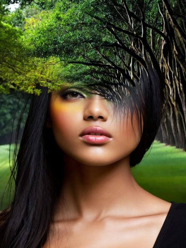 free flowing, high definition, color theory, stunning, sharp focus, close up of head,  portrait of a girl black ,  trees, amora-style <lora:antonio-mora-style:1>