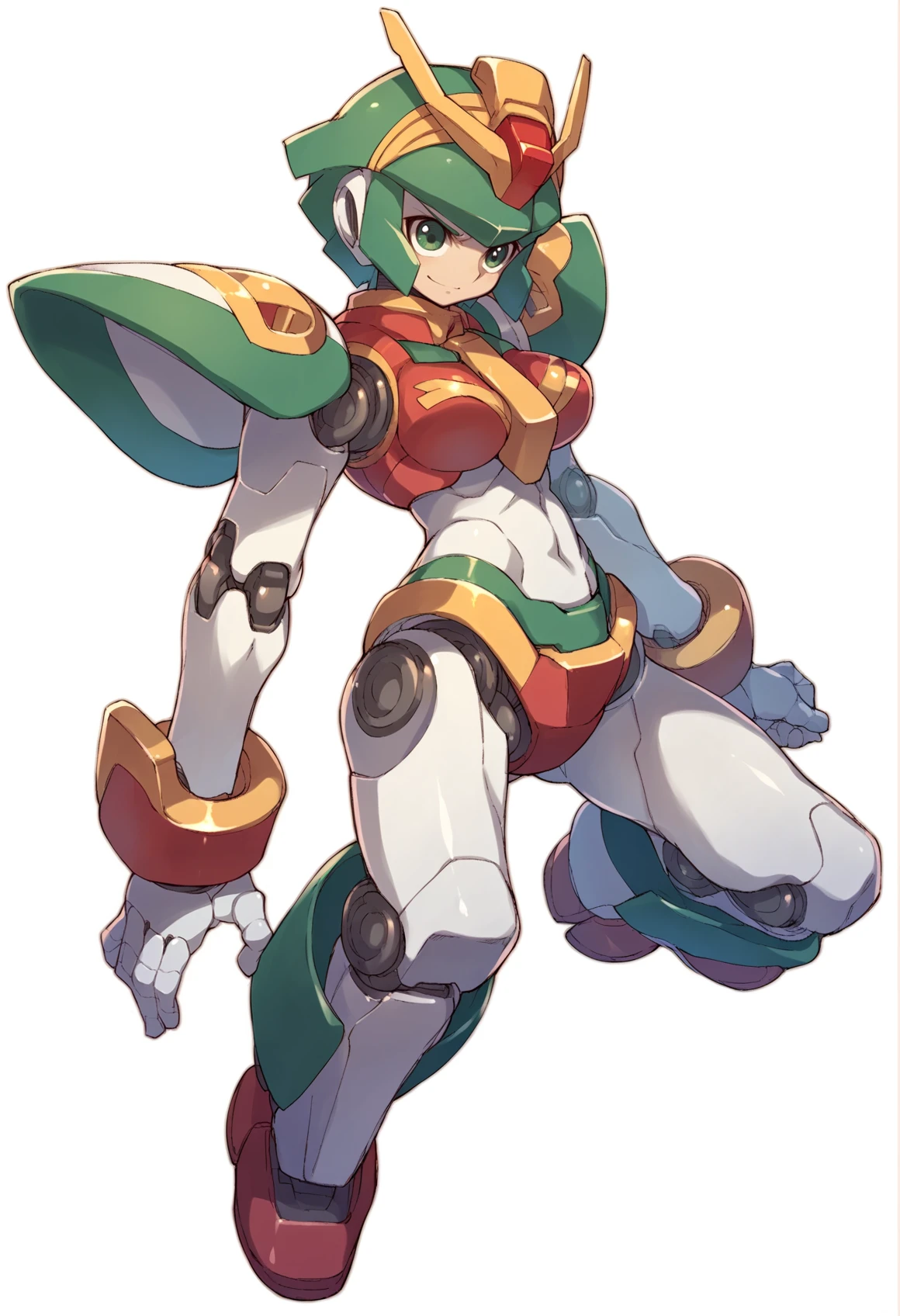 1girl, mecha musume, gundam, big breasts, solo, robot joints, fighting stance, white background, simple background, armored bodysuit, doll joints, skinny, smile <lora:nakayama_tooru_XL:1>, score_9, score_8_up, score_7_up, score_6_up, score_5_up, score_4_up, BREAK source_anime, masterpiece