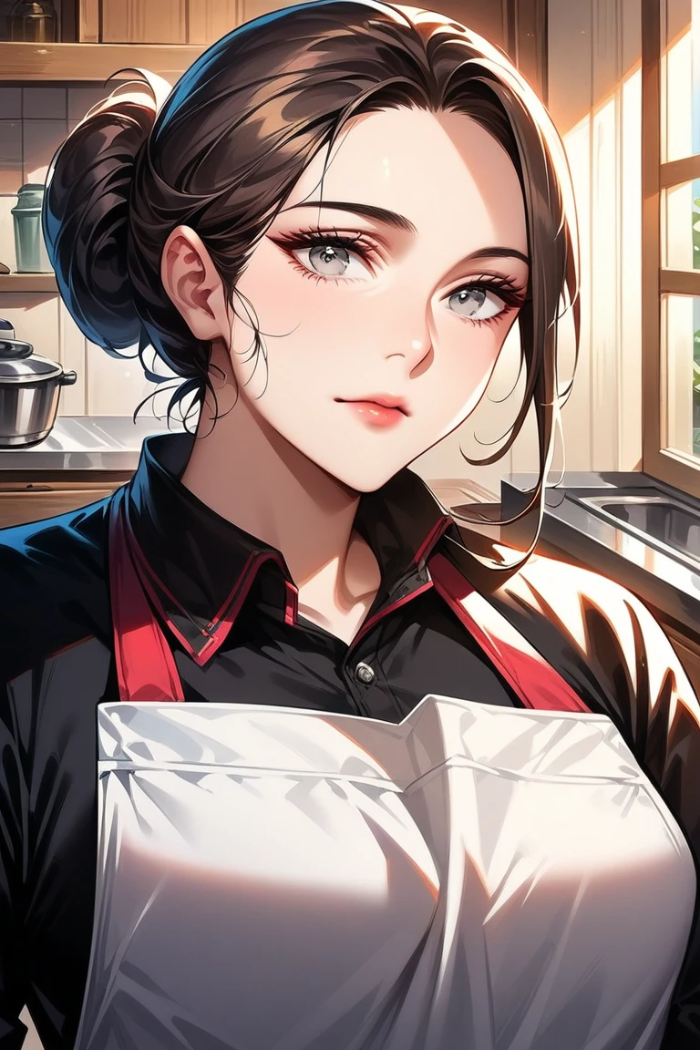 ultra hd, vivid colors, highly detailed UHD, perfect composition, beautiful detailed intricate insanely detailed
octane render trending on artstation, 8k artistic photography photorealistic concept art, soft natural volumetric cinematic perfect light BREAK Expressiveh, intricate details,woman with dark hair, am1, apron, kitchen, hair bun, parted bangs, gray eyes