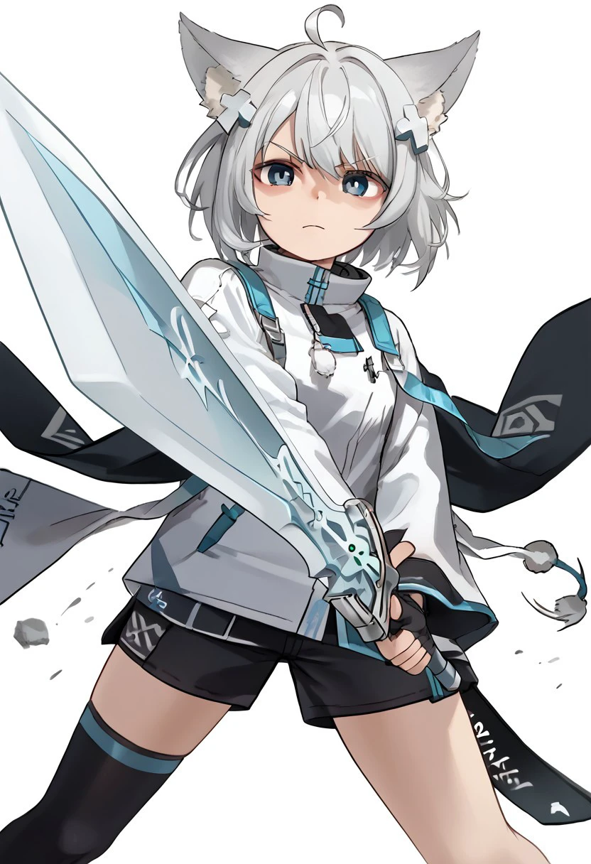 FuuraYuri2nd, blue eyes, hair ornament, animal ear fluff, ahoge, bangs, grey hair, white hair, short hair, white jacket, long sleeves, sleeves past wrists, sleeves past fingers, fingerless gloves, black gloves, 
black shorts, shorts, single thighhigh, black thighhighs, 
looking at viewer, holding sword, fighting stance, brave-perspective