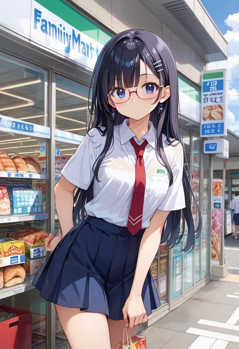 score_9, score_8_up, score_7_up, rating_safe, masterpiece, best quality, absurdres, unity 8k wallpaper, official art, official style, source_anime, uncensored, game cg, megami magazine,
1girl, solo, glasses, black hair, long hair,  collared shirt, red necktie, pleated skirt, blue skirt, looking at viewer, blush, upper body,
famima, konbini, scenery, storefront, shop, convenience store, scenery, sky, sign, blue sky, outdoors, day, building, window, japan
 <lora:famima_storefront_PONY_V1:1>