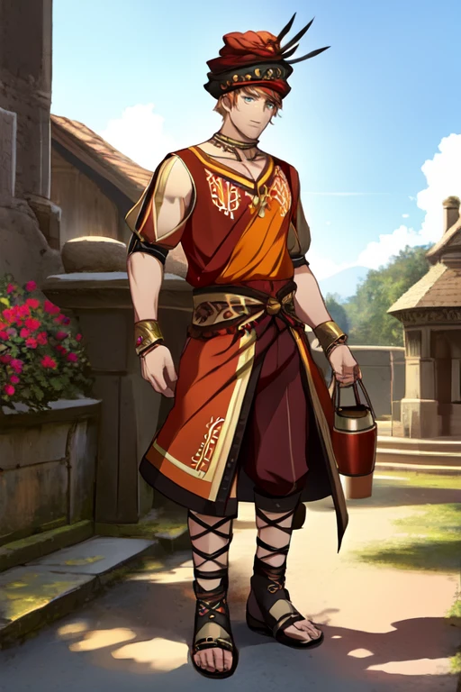 (masterpiece),(best_quality),1boy,Jiten,turban,red tunic,arm cutout,puffy short sleeves,cross-laced sandals,<lora:Jiten:1>,