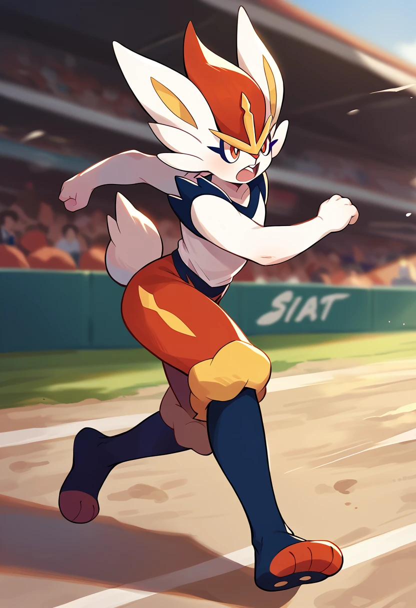 score_9, score_8_up, score_7_up, score_6_up, source_furry, solo, dof, full-length portrait, blurred background, <lora:POKEMON_CINDERACE:1> cinderace, pokemon (creature), action pose, kicking, running, cinematic, motion blur,