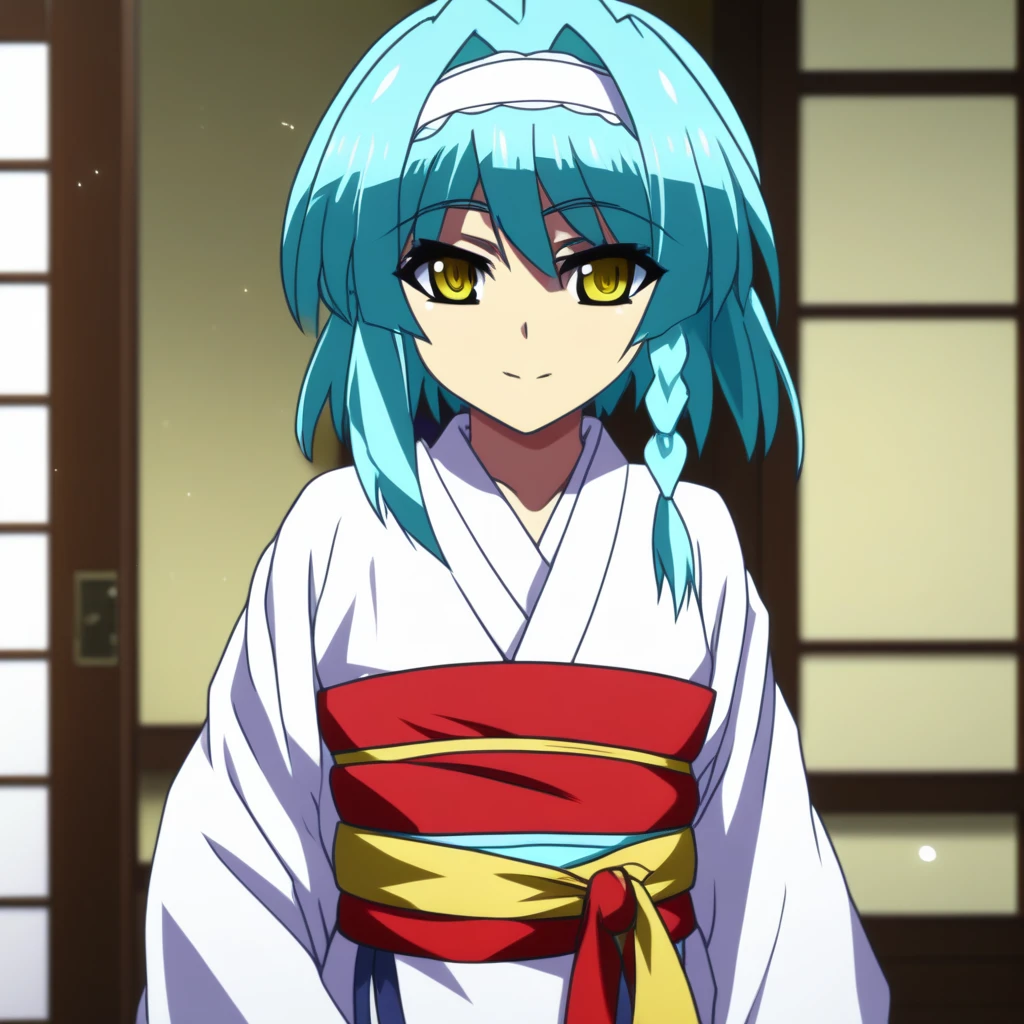 score_9, score_8_up, score_7_up, source_anime,  NonakaYuki, 1girl, solo, closed mouth, light smile, blush, aqua hair, yellow eyes, side braid, YukiWedding, japanese clothes, (hood:1.2), white kimono, red sash, standing, looking at the viewer,  indoors